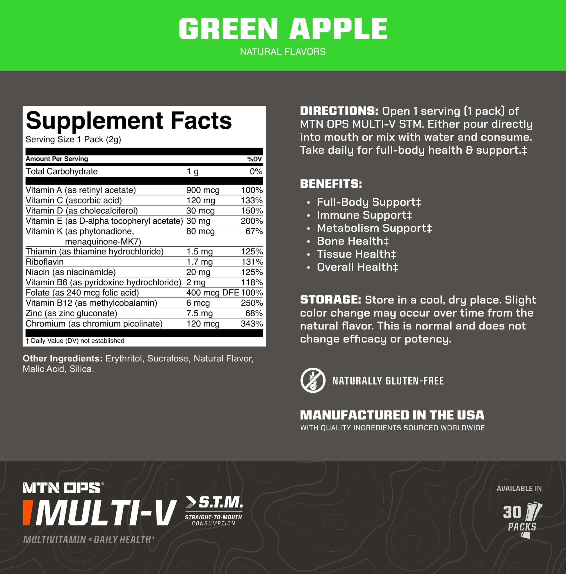 MTN OPS Multi‑V STM On‑the‑Go Daily Multivitamin for Men, Women & Kids – Straight‑to‑Mouth Vitamin C D3 B Zinc Packs – Gluten Free, Natural Flavors, 30 Servings MTN OPSAu supplements