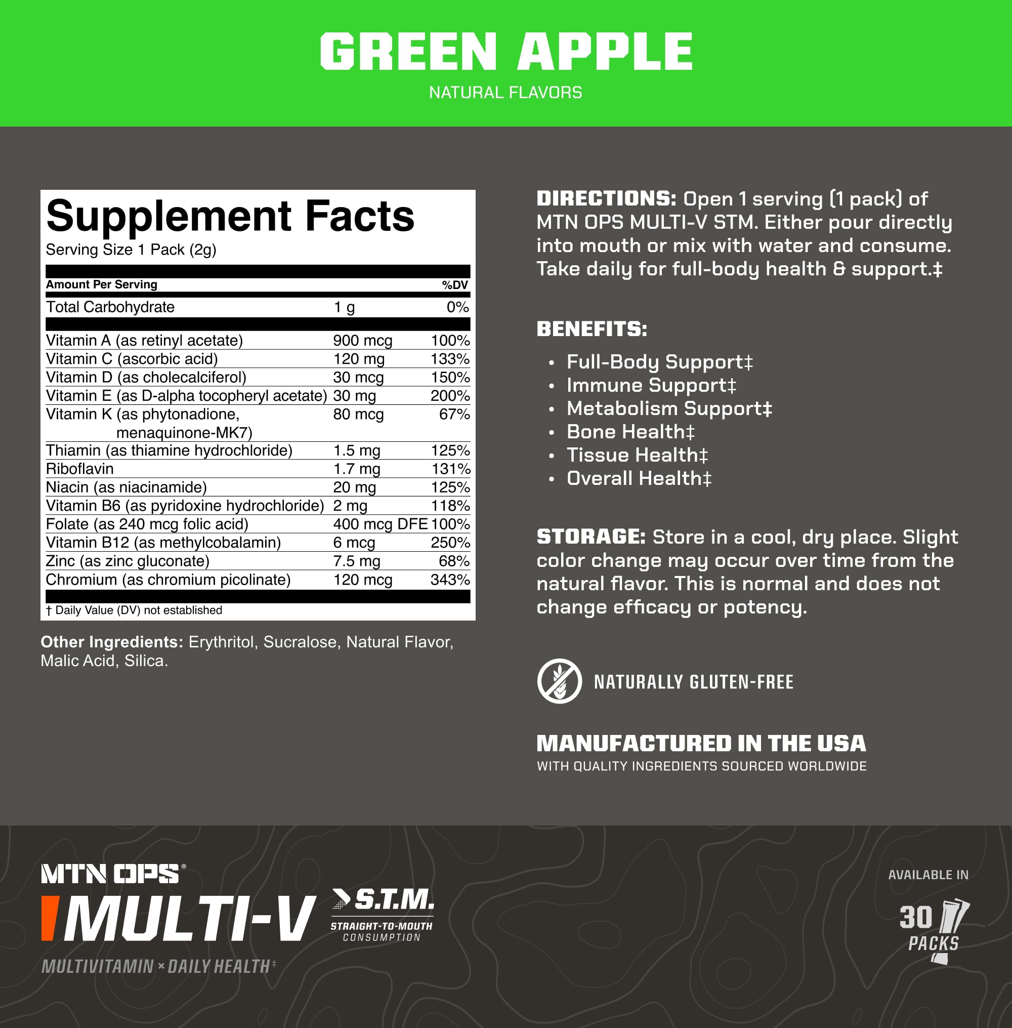 MTN OPS Multi‑V STM On‑the‑Go Daily Multivitamin for Men, Women & Kids – Straight‑to‑Mouth Vitamin C D3 B Zinc Packs – Gluten Free, Natural Flavors, 30 Servings MTN OPSAu supplements