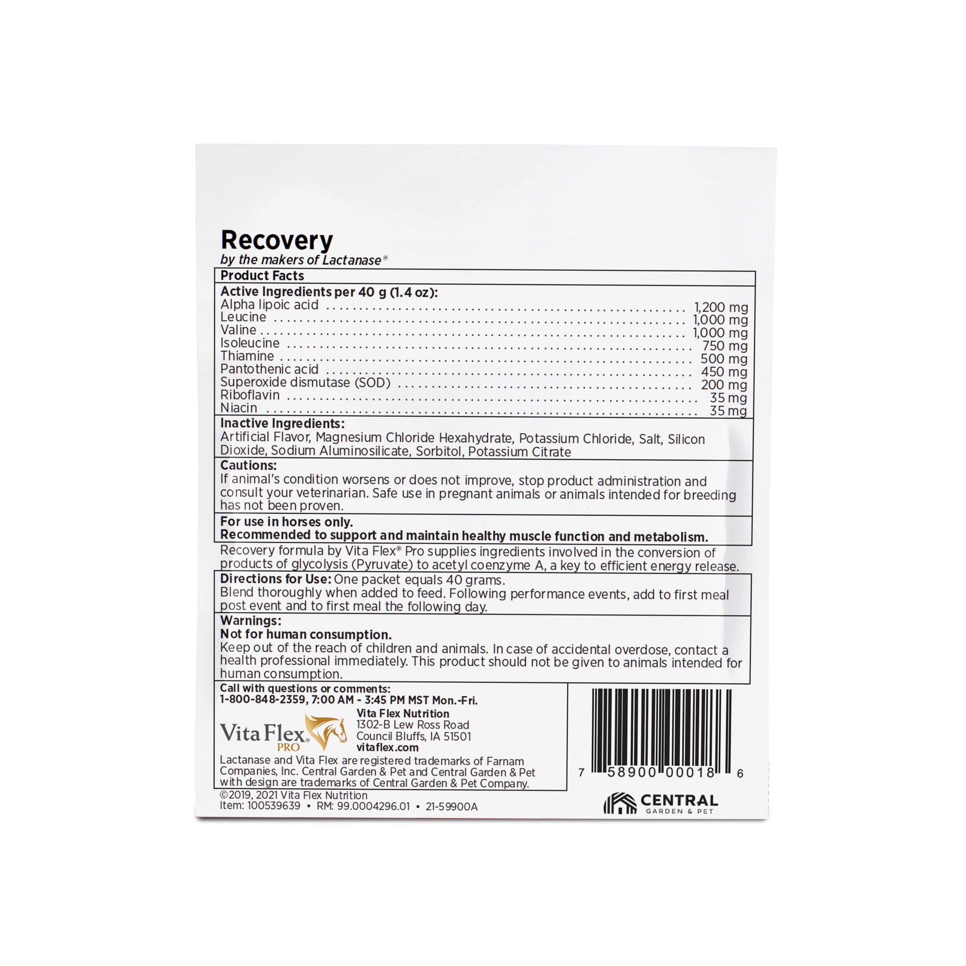 Vita Flex Pro Recovery by the Makers of Lactanase, Post Performance Horse Supplements 40 g, Show Safe Muscle Recovery Supplements, Amino Acids for Horses, Strength & Joint Health Vita FlexAu supplements
