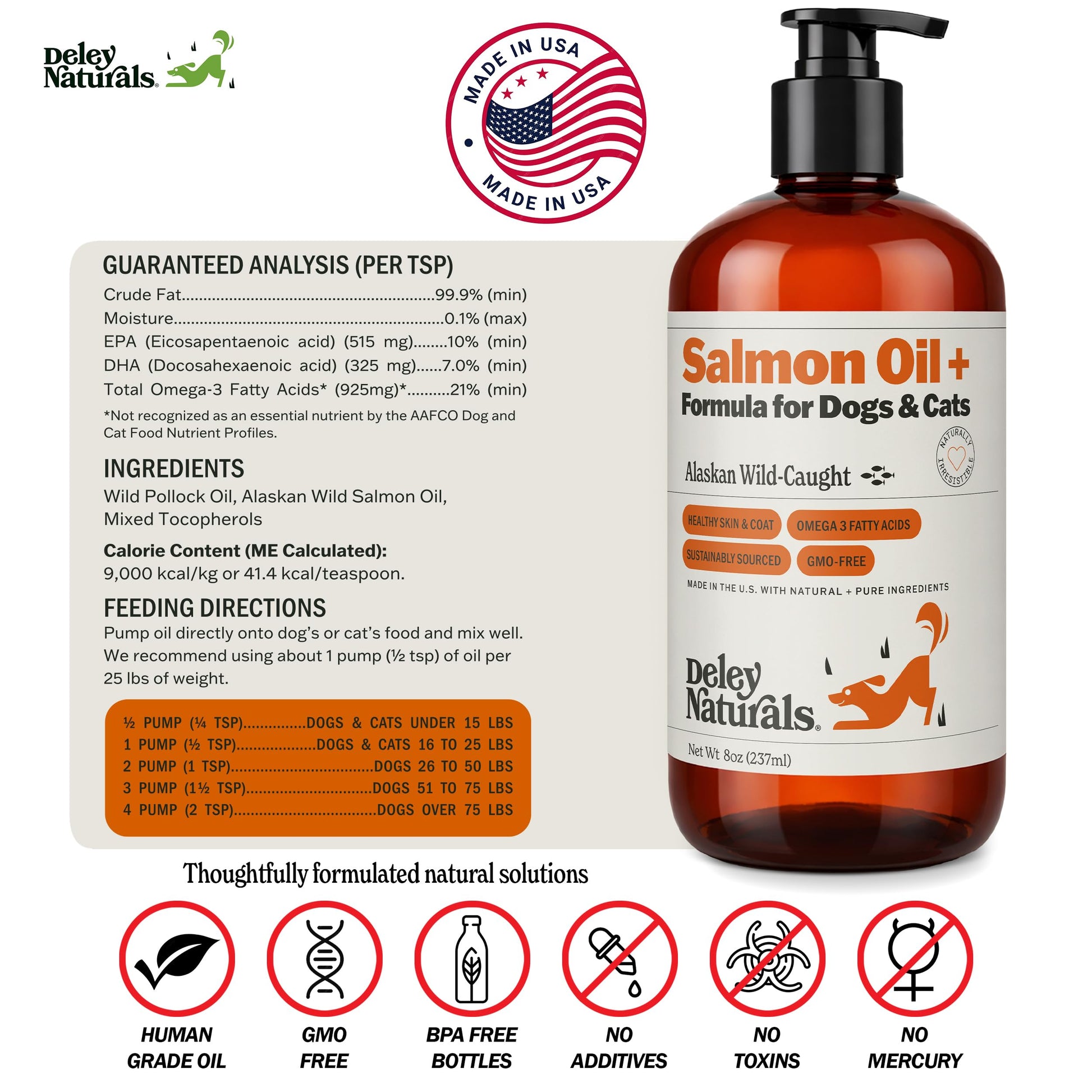 Deley Naturals Wild Alaskan Salmon Oil for Dogs & Cats - New and Improved Salmon Oil Plus Formula - Fish Oil for Dogs with Omega 3, DHA and EPA - Omega 3 for Healthy Skin and Coat - 8oz Made in USA Deley NaturalsAu supplements