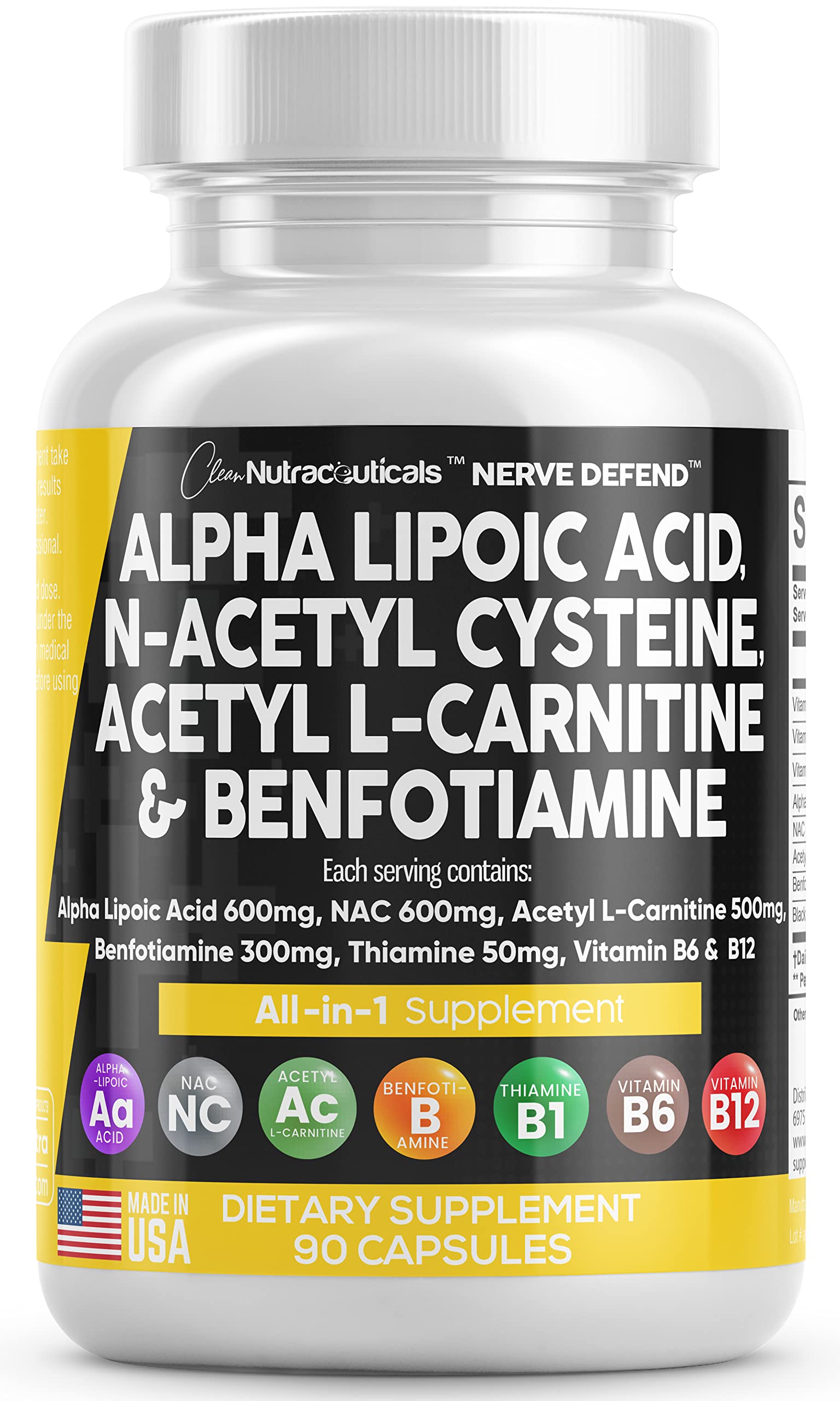 Alpha Lipoic Acid 600mg N-Acetyl Cysteine 600mg Acetyl L-Carnitine 500mg Benfotiamine 300mg - Nerve Support Supplement for Women and Men with Vitamin B1 B6 & B12 - Made in USA 90 Caps Clean NutraceuticalsAu supplements