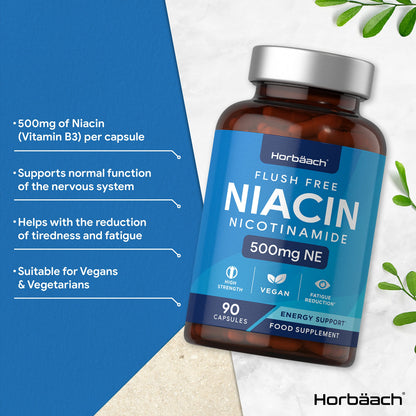 Vitamin B3 Niacin 500mg | 90 Vegan Capsules | Flush Free Nicotinamide Supplement HorbäachUS supplements