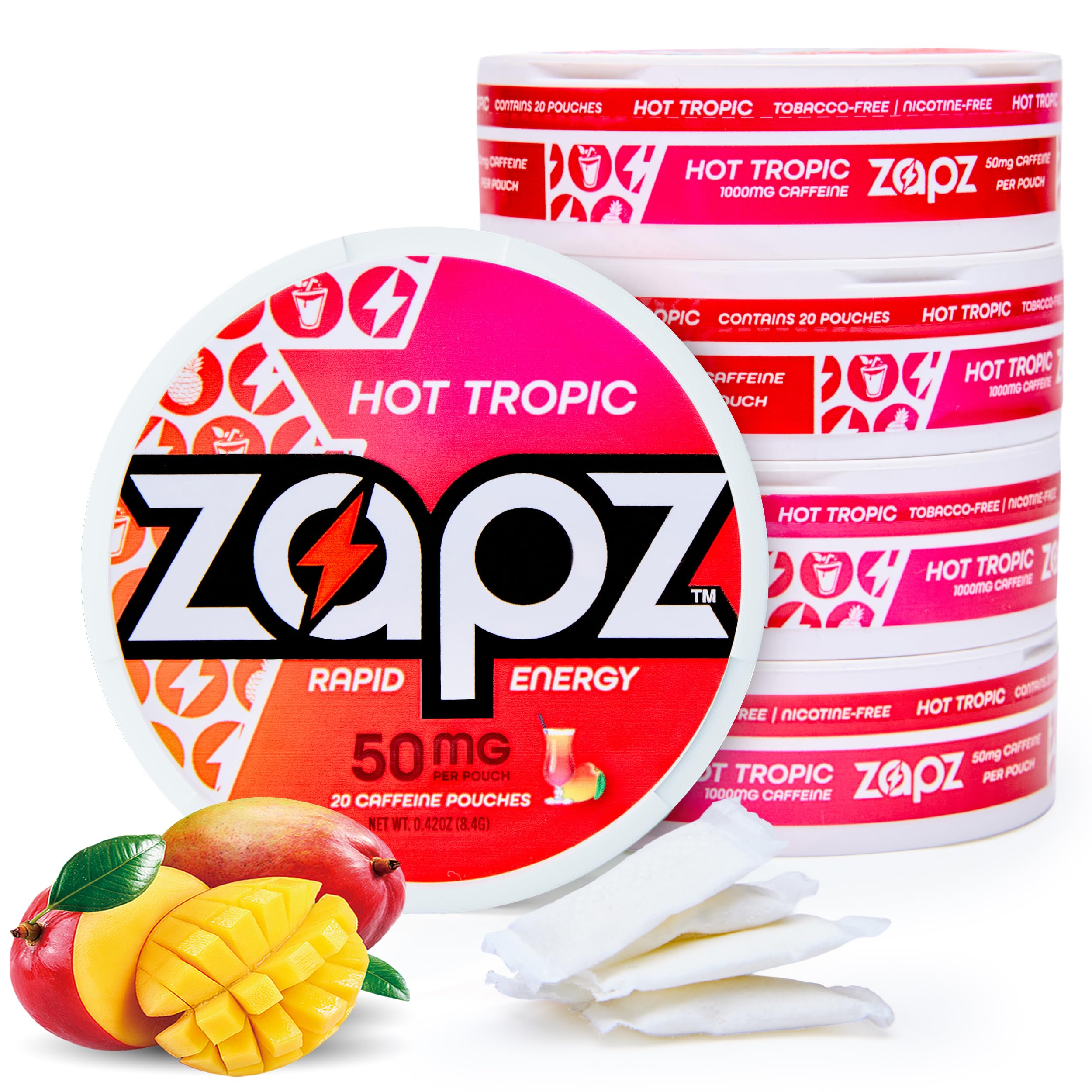 ZAPZ Caffeine Pouches, Hot Tropic, 5 Cans x 20 Count, Energy Pouches with 50mg Caffeine, Nootropic Focus Support, Niacin, L-Theanine, L-Tyrosine, Sugar Free, No Coffee Grinds ZAPZAu supplements