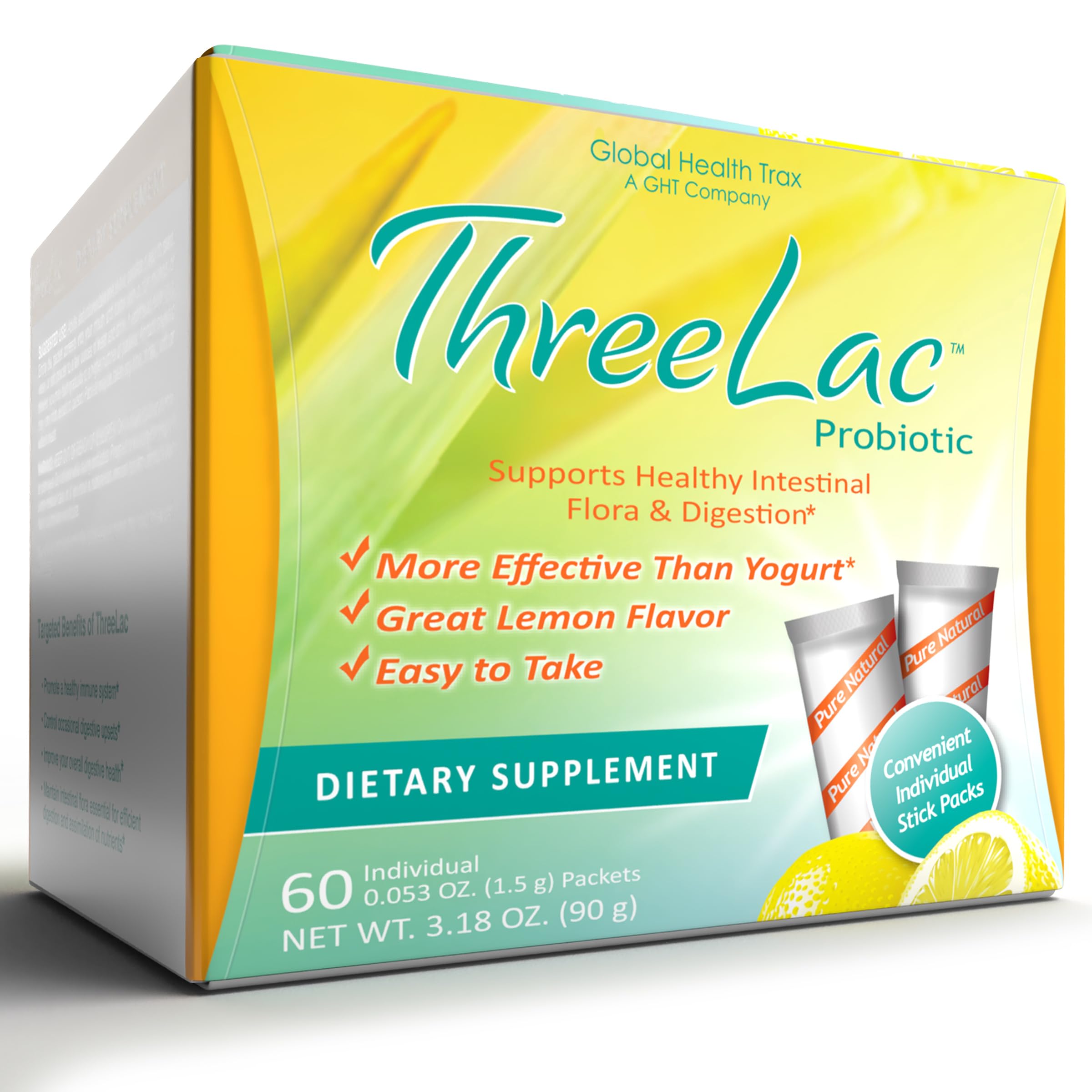 Global Health Trax GHT - ThreeLac Lemon Probiotic Drink Mix for Digestive Health - Advanced Probiotic Powder Formula for Men, Women & Kids - Immune Support & Gut Balance, Non-GMO - 60 Packets ght Global Health TraxAu supplements