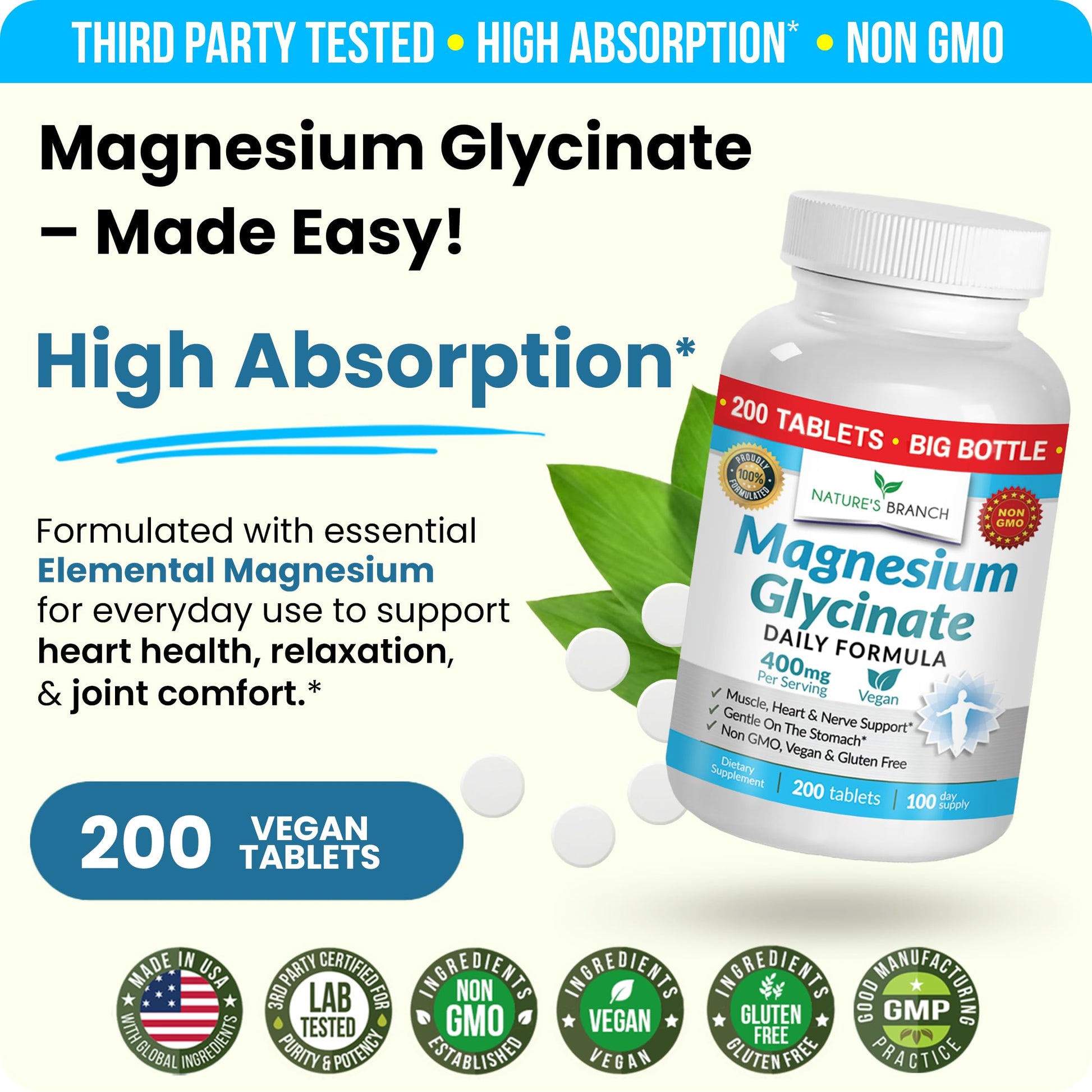 Magnesium Glycinate 400mg | 200 Tablets | High Absorption Mag Supplements for Sleep, Leg Cramps, Heart, Muscle, Calm | Non Buffered Bisglycinate, Extra Strength for Women and Men, Tablets Not Capsules NATURE'S BRANCHAu supplements