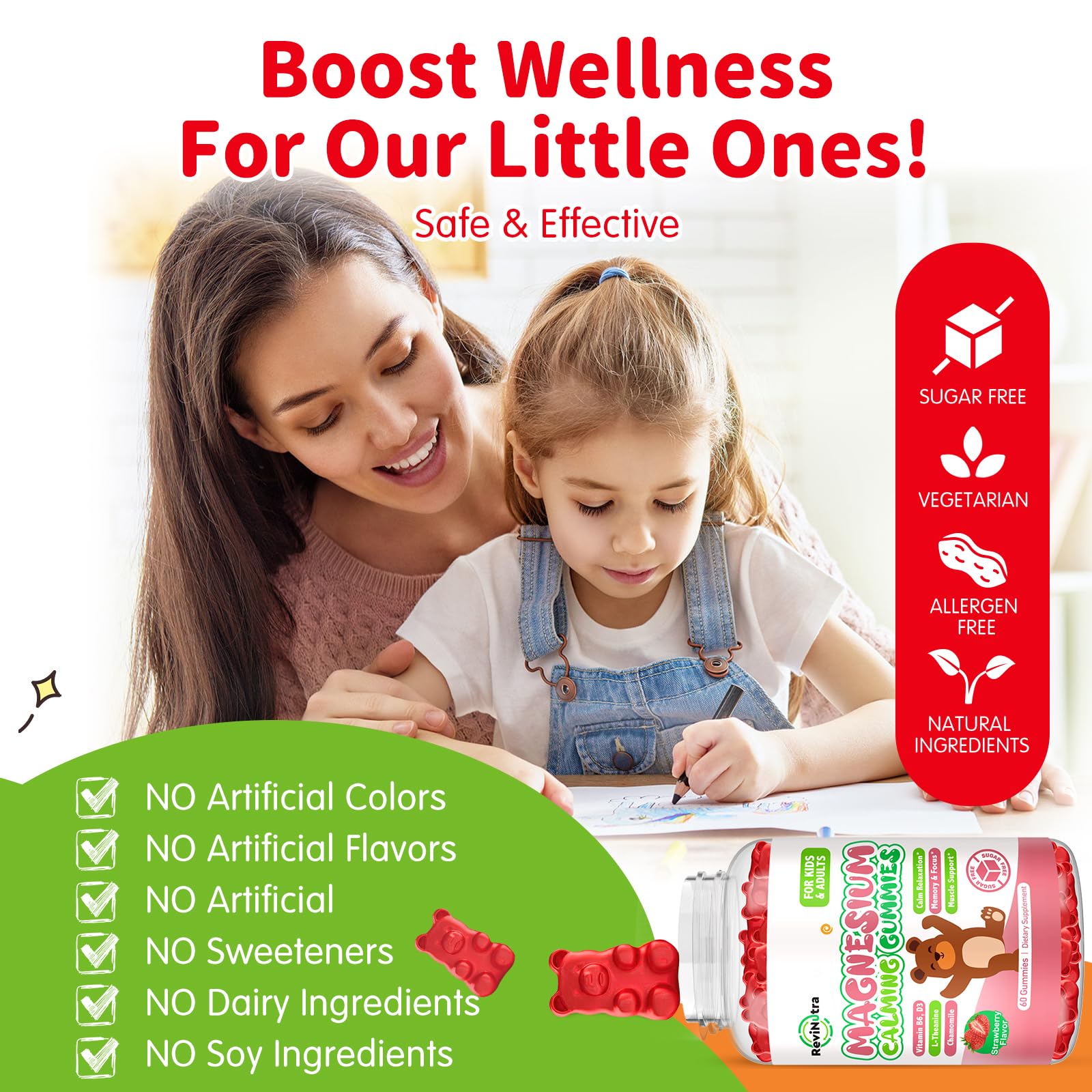Magnesium Gummies for Kids - Magnesium Glycinate Gummies Supplement with L-Theanine, Vitamin B6, D3 for Kids & Adults Sleep, Calm, Relaxation, Brain, Bones, Sugar Free Strawberry 60ct ReviNutraAu supplements