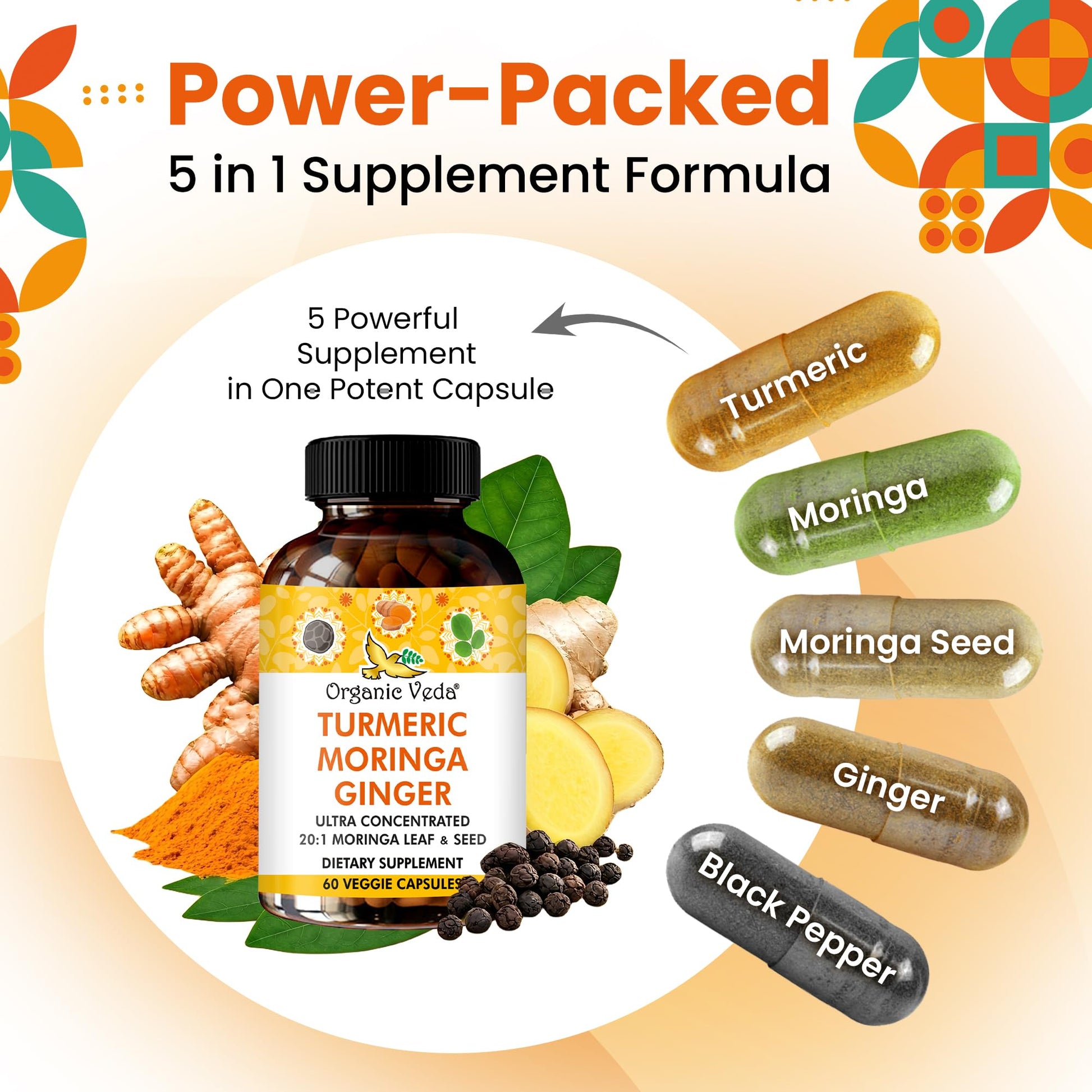 Organic Veda Turmeric Moringa Ginger Capsules - Super Antioxidants & Curcumin Supplement with 20:1 Moringa Leaf & Seed Extract, Black Pepper - Energy, Joints, Heart Health Support - 60 Vegan Pills Organic VedaAu supplements