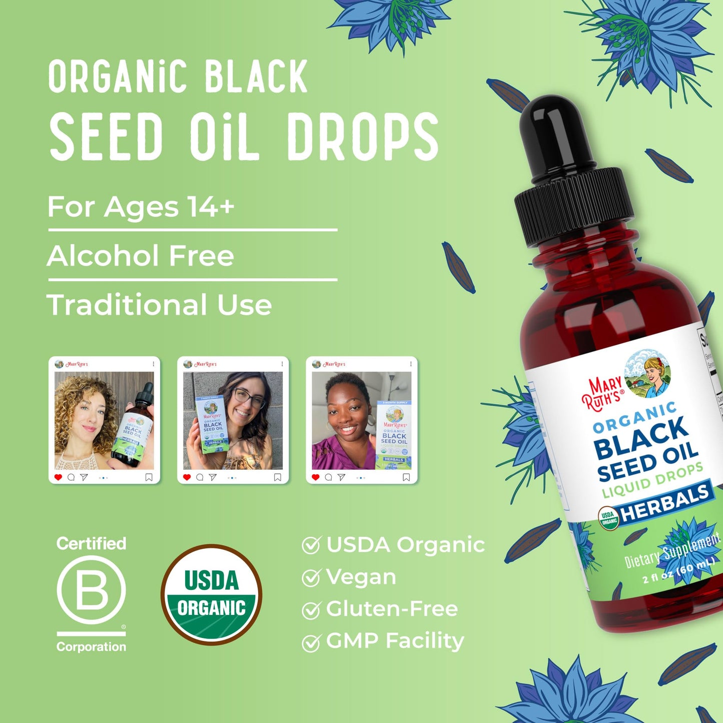 MaryRuth Organics Black Seed Oil Liquid Drops Cold Pressed | 3 Month Supply | USDA Organic Black Cumin Seed Oil | Immune Support | Respiratory Health | Sugar&Gluten Free | Vegan | Non-GMO | 2 Fl Oz MARYRUTH'SUS supplements