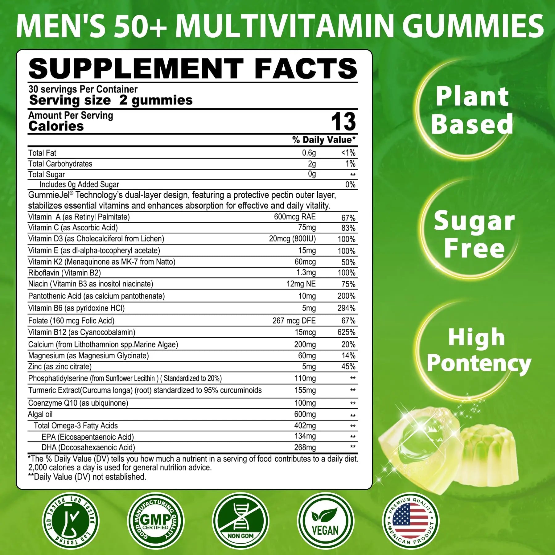 Multivitamin for Men 50 + Plus, Sugar Free Men Multivitamins Gummies w/Omega-3, Coq10, D3k2, Calcium, Magnesium NEVISSAu supplements