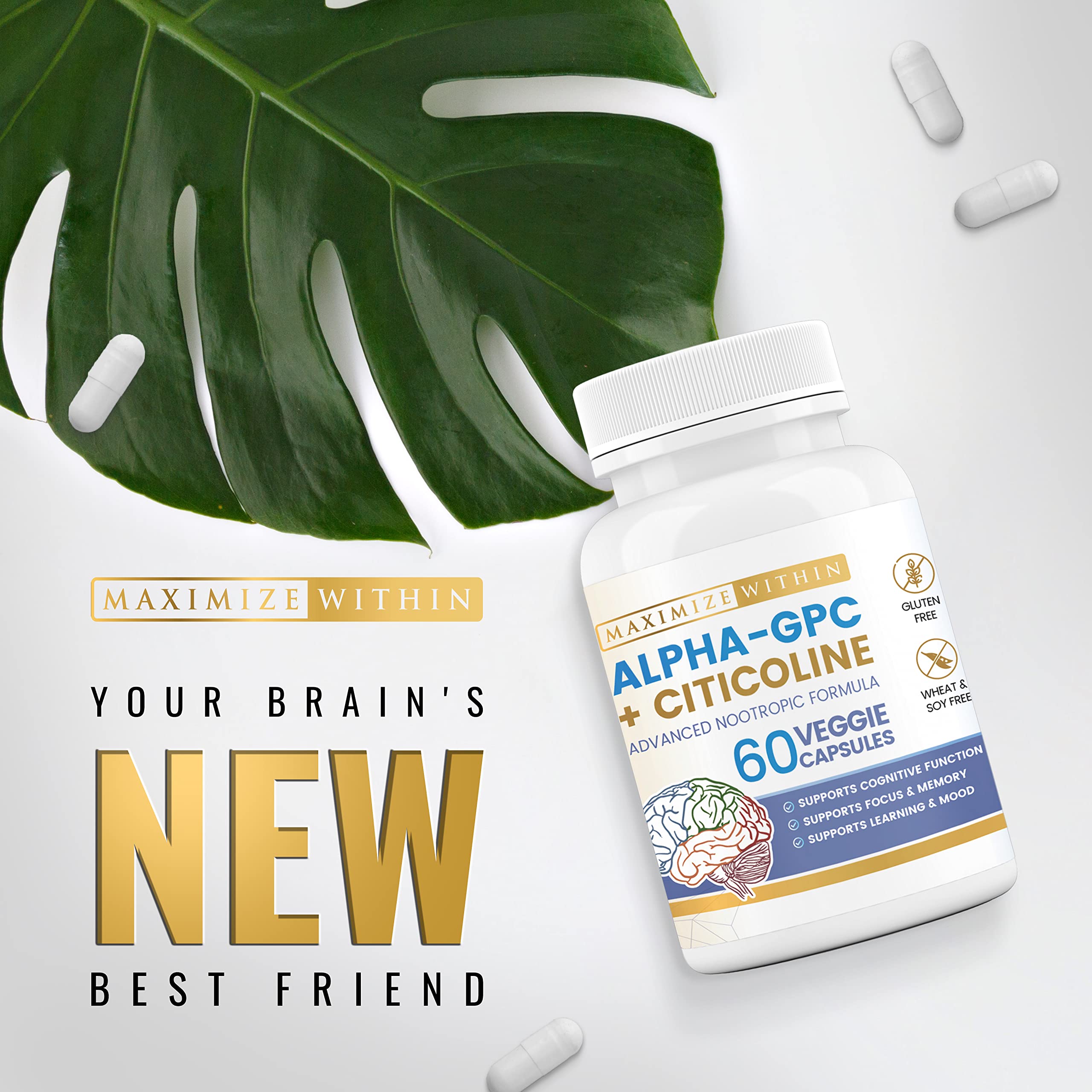 Maximize Within Alpha GPC + Citicoline 60 Ct, 1600mg Concentrated Formula- 99%+Highly Purified & Bioavailable Nootropic-Cognitive Enhancer, Supports Memory, Brain Function, Boosts Focus, Mood & Energy Maximize WithinAu supplements
