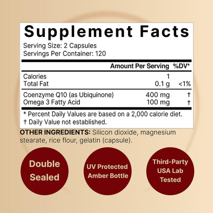 CoQ10 (Ubiquinone) 400mg with Omega 3 Fatty Acids, 240 Capsules | Stable High NatureBellUS supplements