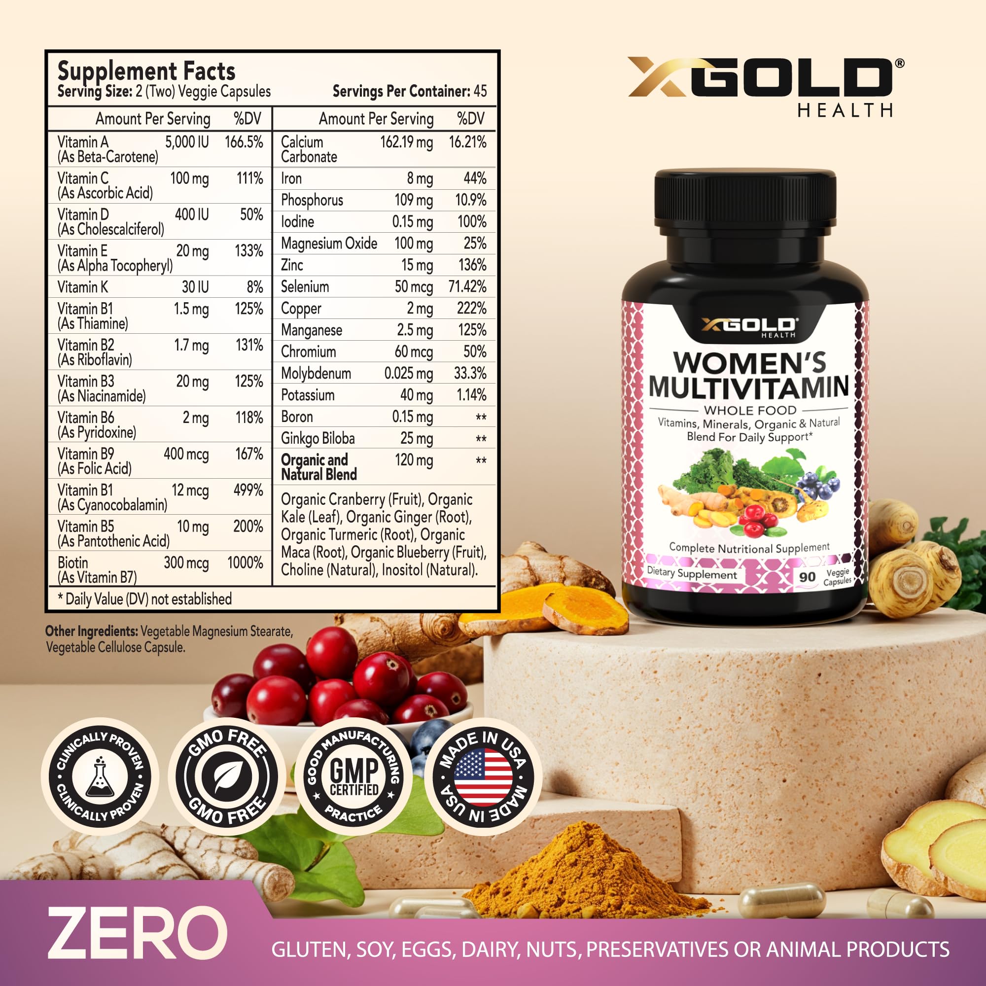 Vegan Women's Daily Multivitamin 50 Plus with Organic WholeFood Based Natural Ingredients, Ginger, Maca, Multi-Vitamin B Complex & More X Gold HealthUS supplements