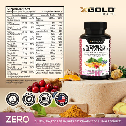 Vegan Women's Daily Multivitamin 50 Plus with Organic WholeFood Based Natural Ingredients, Ginger, Maca, Multi-Vitamin B Complex & More X Gold HealthUS supplements