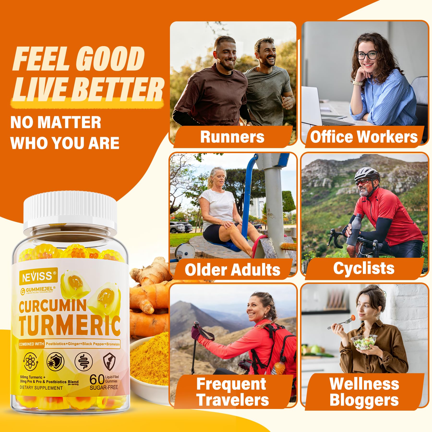 Sugar Free Turmeric Curcumin Filled Gummies 550mg for Adults, Ginger & Black Pepper | 95% Curcuminoids w/Prebiotic Probiotic & Postbiotic Blend, Support, Immune & Digestive Health, Vegan, 2Pack NEVISSAu supplements