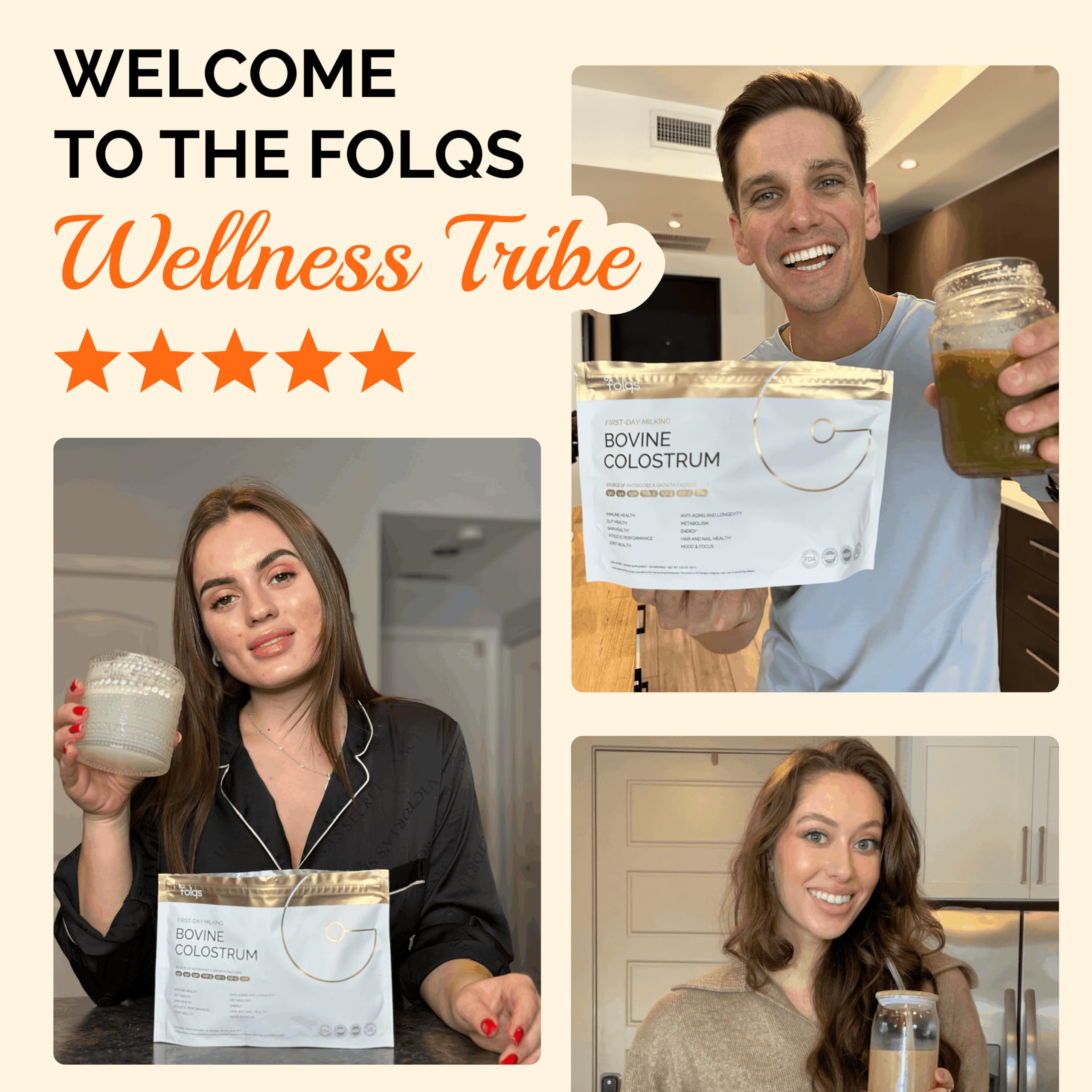 Folqs Bovine Colostrum Powder – First-Day Milking for Immune & Gut Support – 60 Servings – Supports Skin & Tissue Health – Made in USA - Amino Acids, Vitamins, Minerals – Kosher - Sustainably Sourced FolqsAu supplements