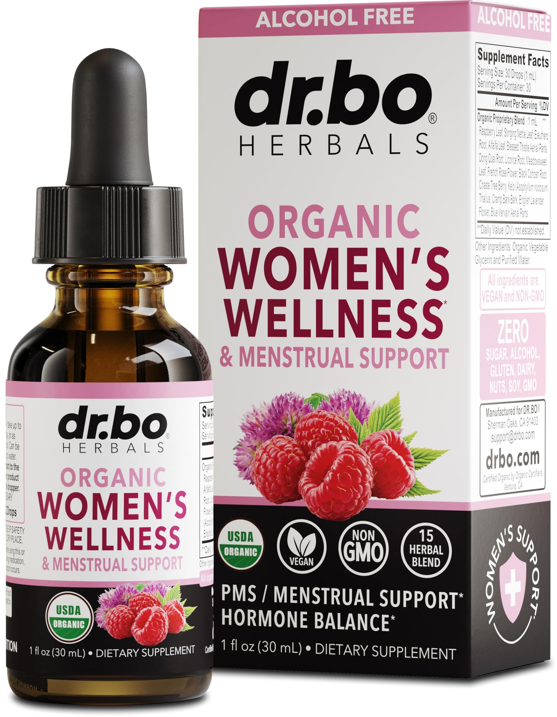 Hormone Balance for Women & PMS Relief - Women's Wellness Organic Hormonal Balance Supplements Liquid Drops & Menstrual Cramp Period Support - Raspberry Leaf, Chasteberry, Black Cohosh Supplement 1 Oz DR. BOAu supplements