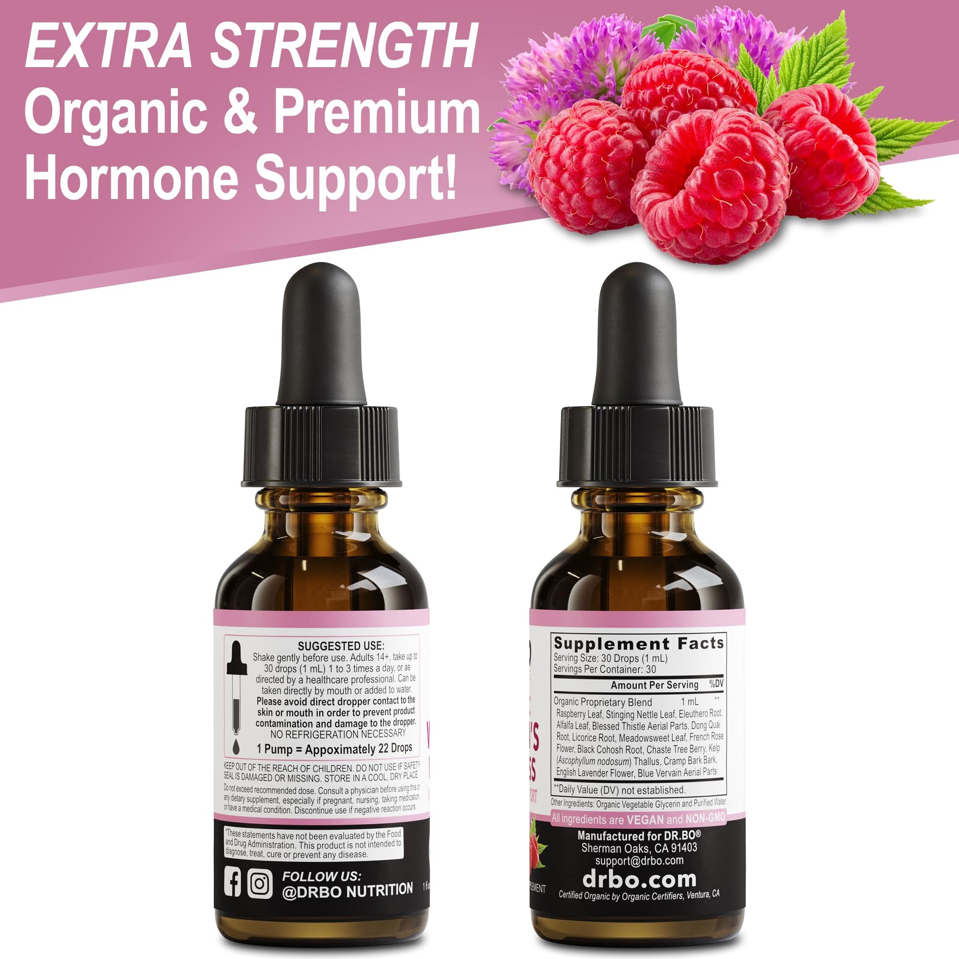 Hormone Balance for Women & PMS Relief - Women's Wellness Organic Hormonal Balance Supplements Liquid Drops & Menstrual Cramp Period Support - Raspberry Leaf, Chasteberry, Black Cohosh Supplement 1 Oz DR. BOAu supplements
