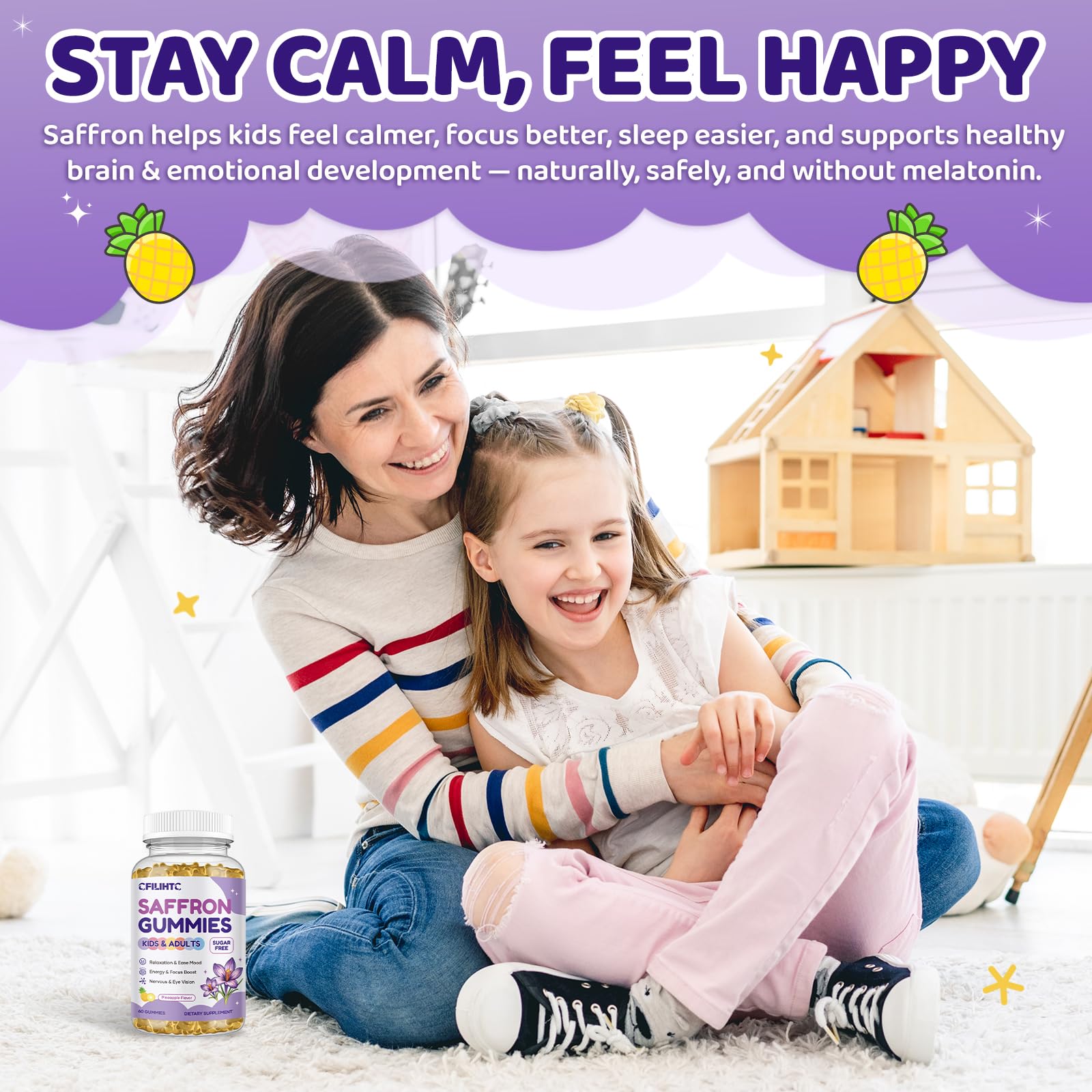 Saffron Gummies for Kids & Adults, 20-in-1 Saffron Supplements with 88.5mg Saffron Extract, B6, B12, C, D3, Magnesium for Calm, Focus, Nerve, Sugar Free, Vegan, Non-GMO - Pineapple Flavor, 60 Counts CFILIHTCAu supplements