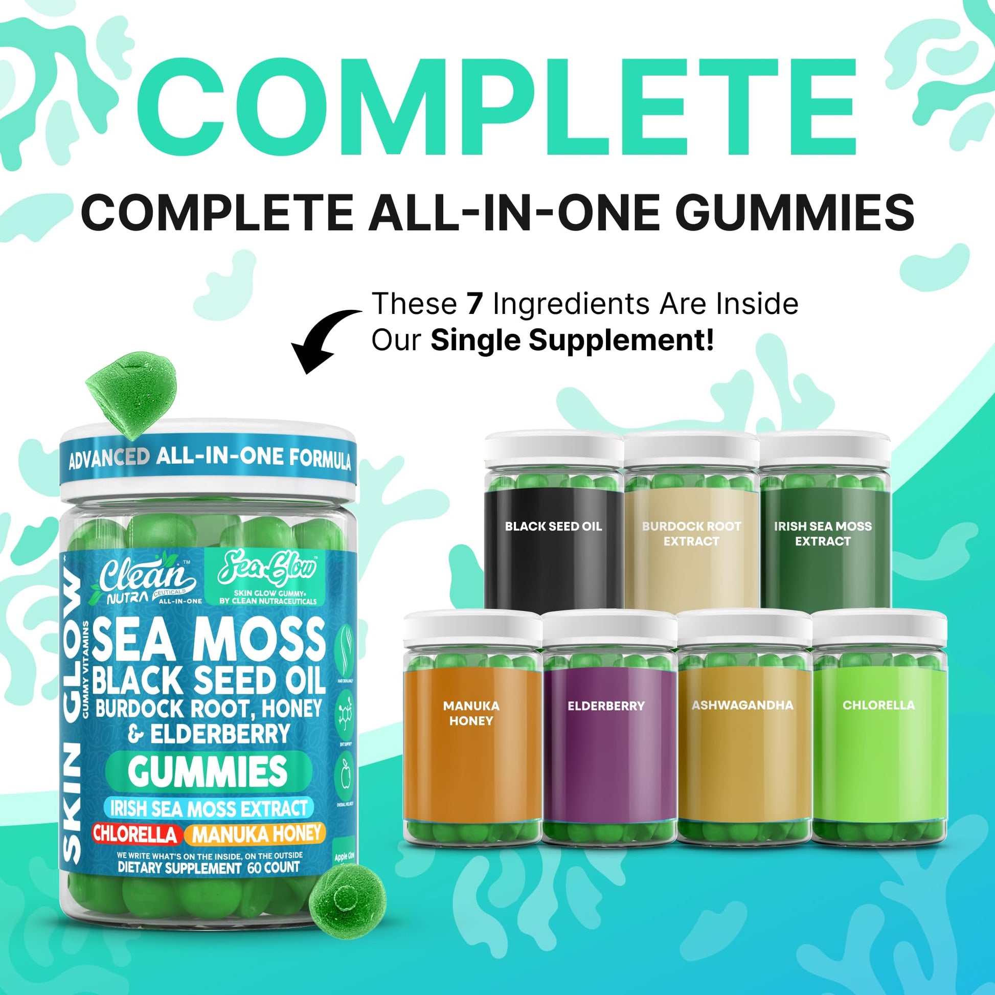 Clean Nutra Sea Moss Gummies Black Seed Oil Chlorella Ashwagandha Root Hair Growth Skin Glow Irish Sea Moss Elderberry Burdock Manuka Honey Trace Minerals Detox 60 Gummy Vitamins Sea Glow Supplement Clean NutraceuticalsAu supplements