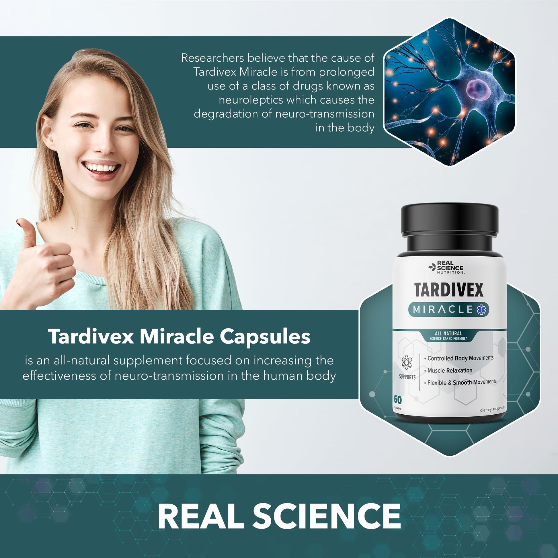 Real Science Tardivex All Natural Nerve Support Supplement for Neurological Balance - Includes Vinitrox, GABA & Essential Vitamins for Controlled Movement & Coordination - Made in USA, 60 Caps Real Science NutritionAu supplements