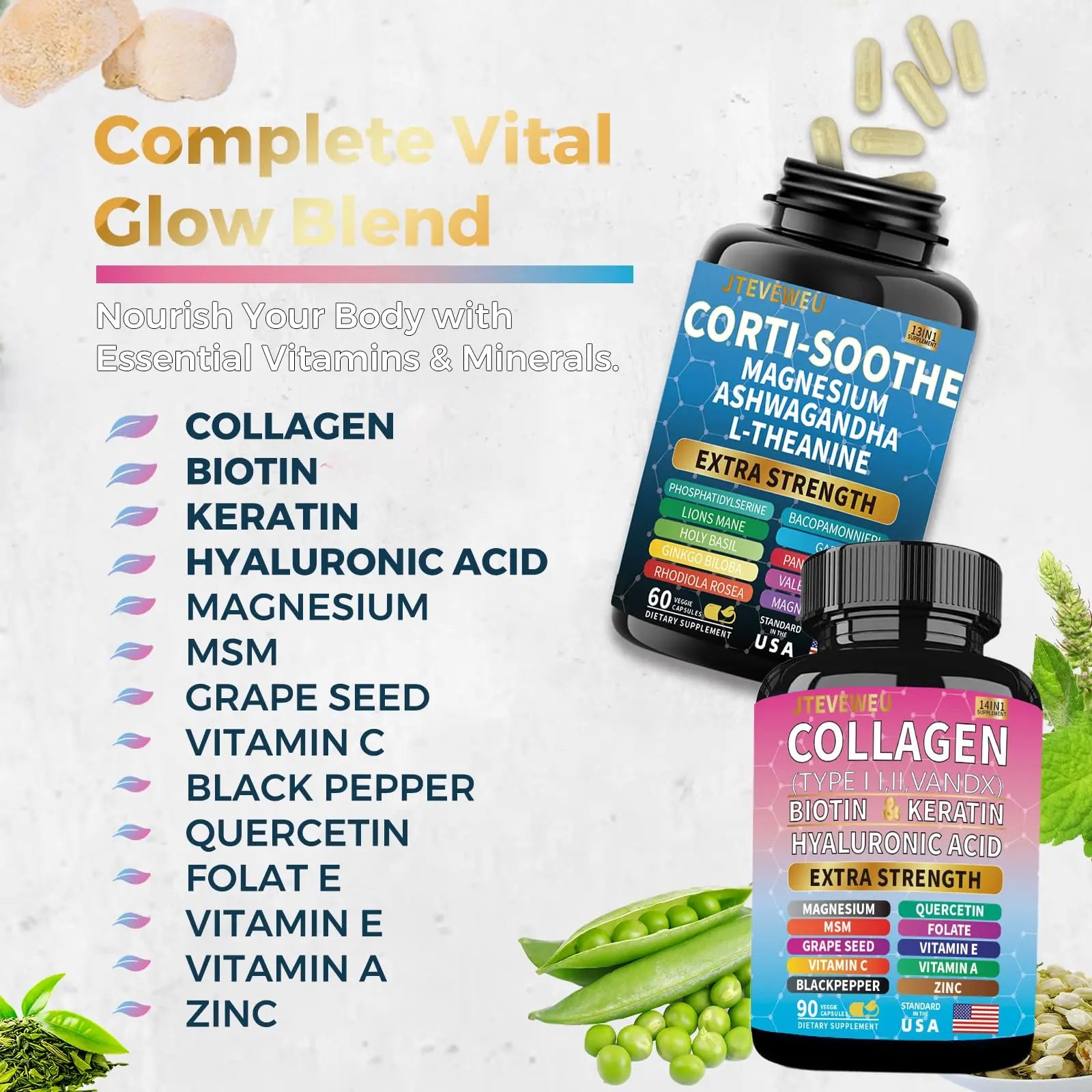 JTEVEweu Shining Serenity Set, Cortisol Support with Ashwagandha, L-Theanine, Magnesium, Lions Mane, GABA, Bacopa Monnieri, Collagen Biotin, Keratin, Hyaluronic Acid, Quercetin JTEVEweunz supplements