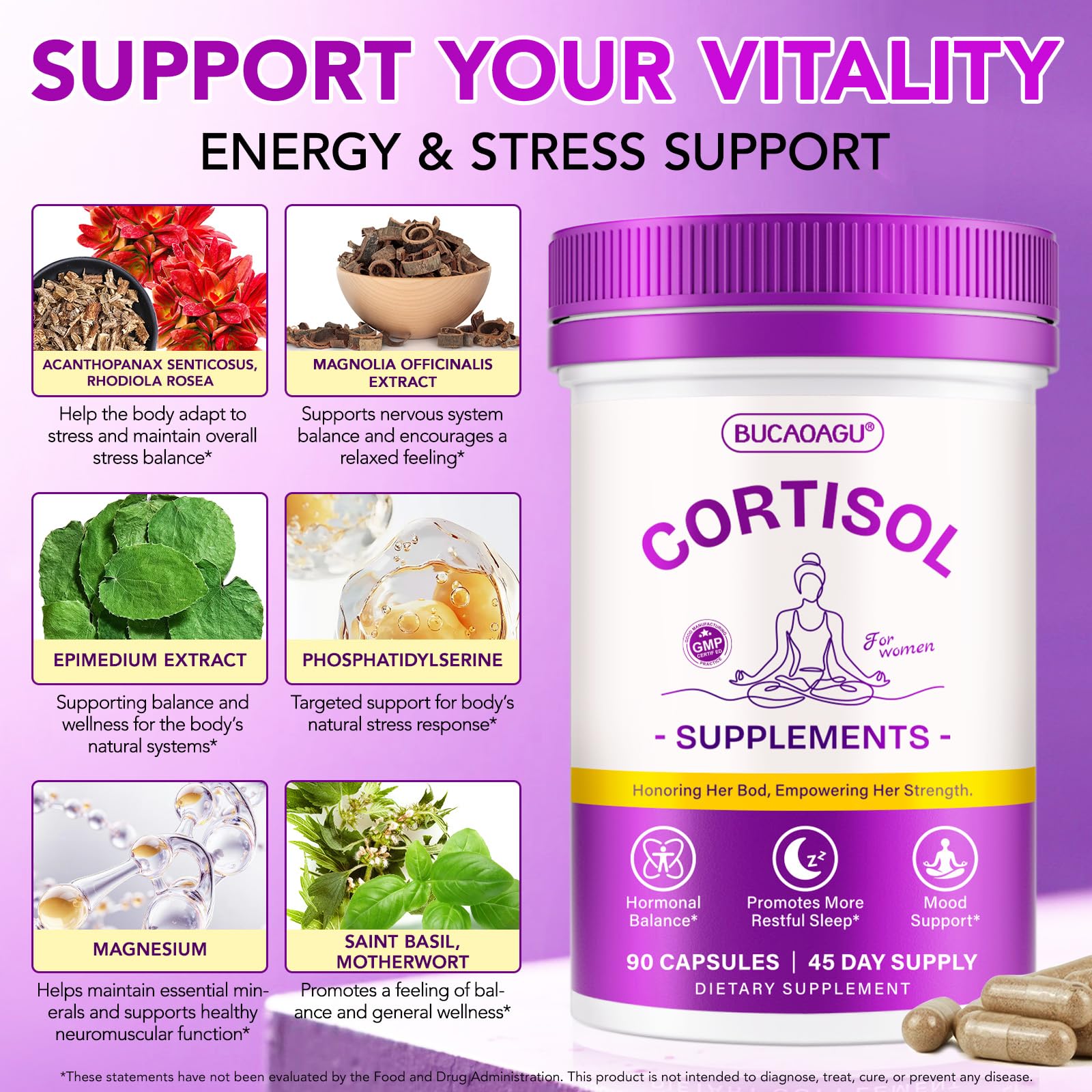 BUCAOAGU Cortisol Supplements for Women - Cortisol Reducer & Stress Support - Magnolia Bark, Rhodiola Rosea, Holy Basil, Magnesuim, Phosphatidylserine - Hormone Balance & Mood, Focus, Sleep Support BUCAOAGUAu supplements