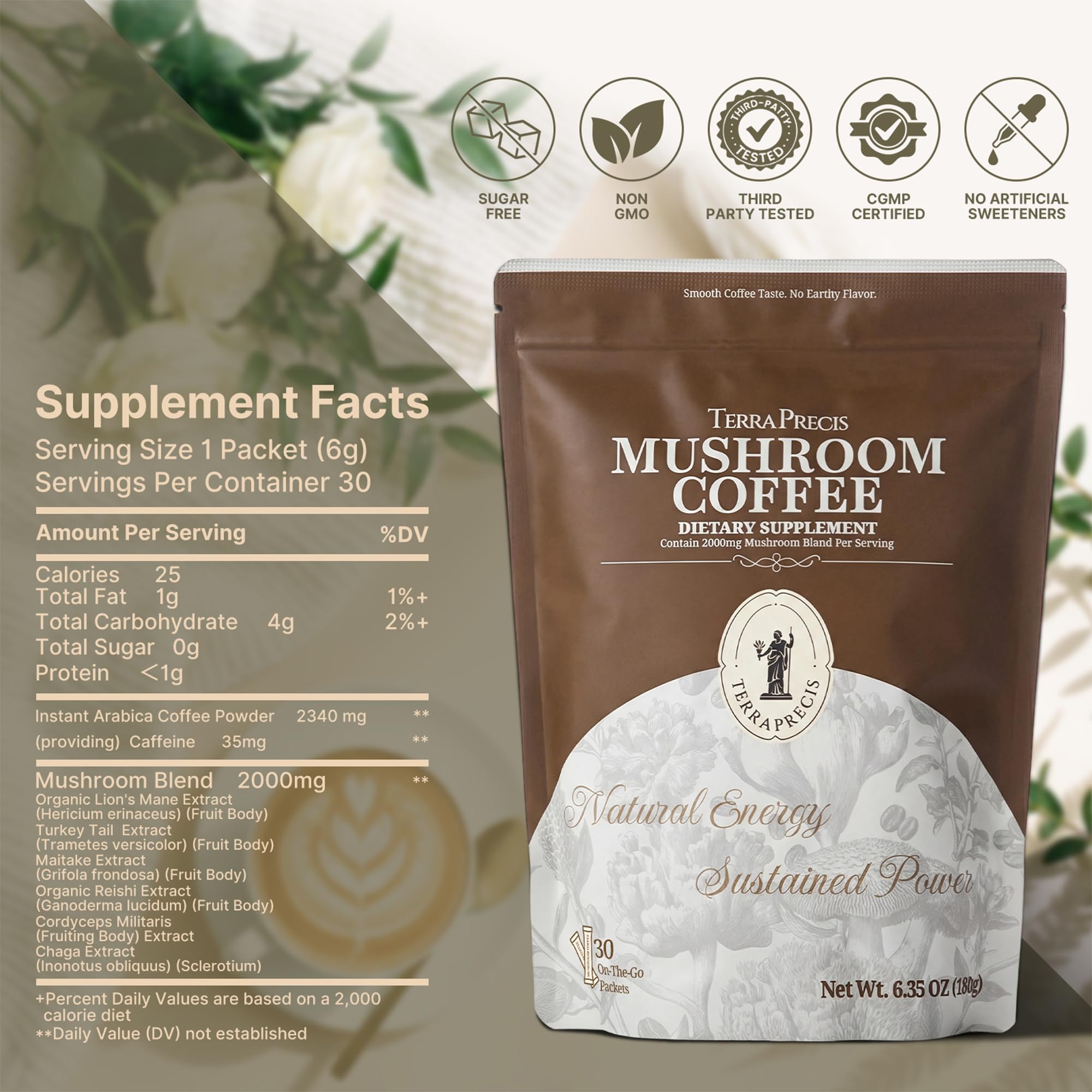 TerraPrecis Mushroom Coffee with 6 Adaptogens Mushrooms Supplement for Organic Lion's Mane&Reishi,Chaga&Other, Instant Coffee with MCT Oil& Arabica for Energy,Focus&Immune Support (30 Servings) TerraPrecisAu supplements