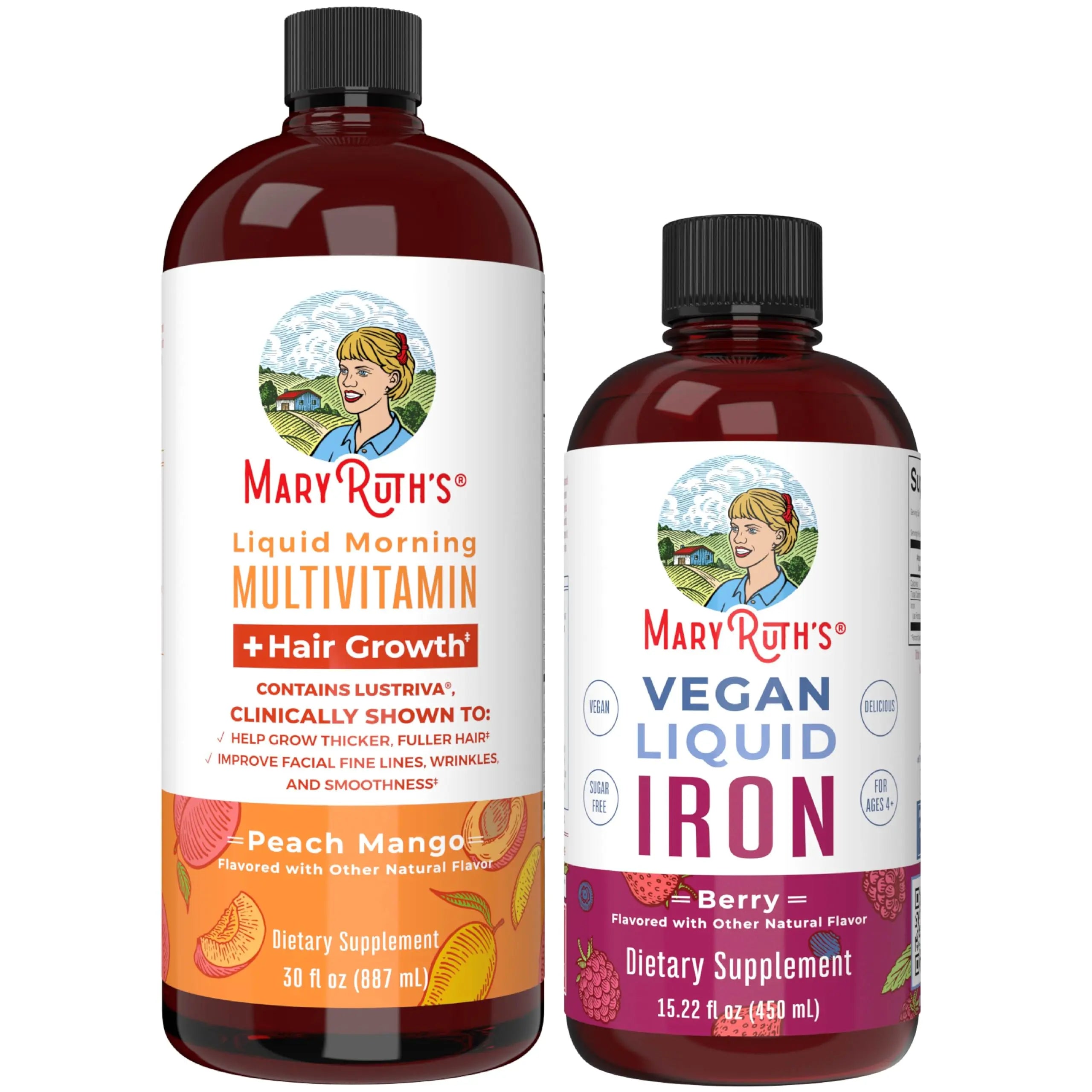 MaryRuth's MaryRuth's Liquid Morning Multivitamin +Hair Growth (Peach Mango, 30oz) & Iron Liquid (Berry) | Clean Label Project Verified® | MARYRUTH'SAu supplements