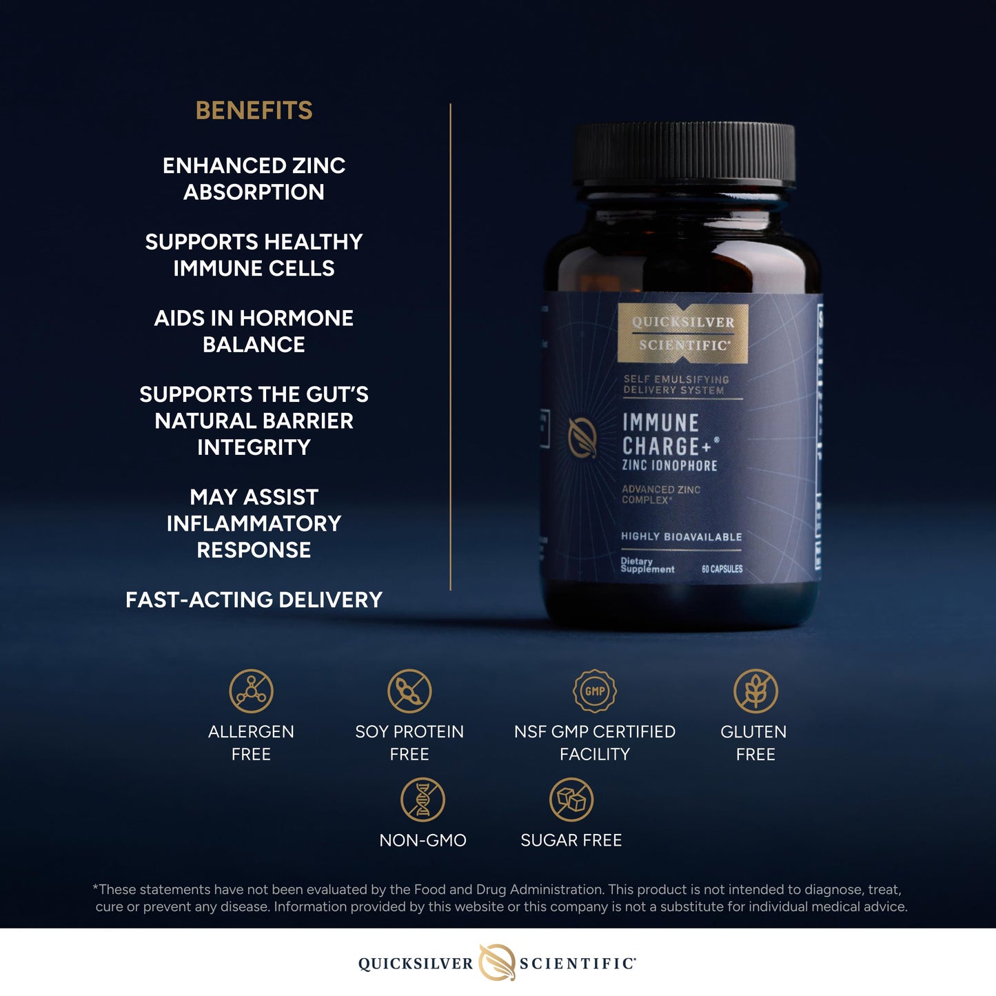 Quicksilver Scientific Immune Charge+ Zinc Ionophore - Zinc Supplement Complexed with Quercetin, Luteolin, Hesperetin Immune + GI Support (60 Capsules) Quicksilver ScientificUS supplements