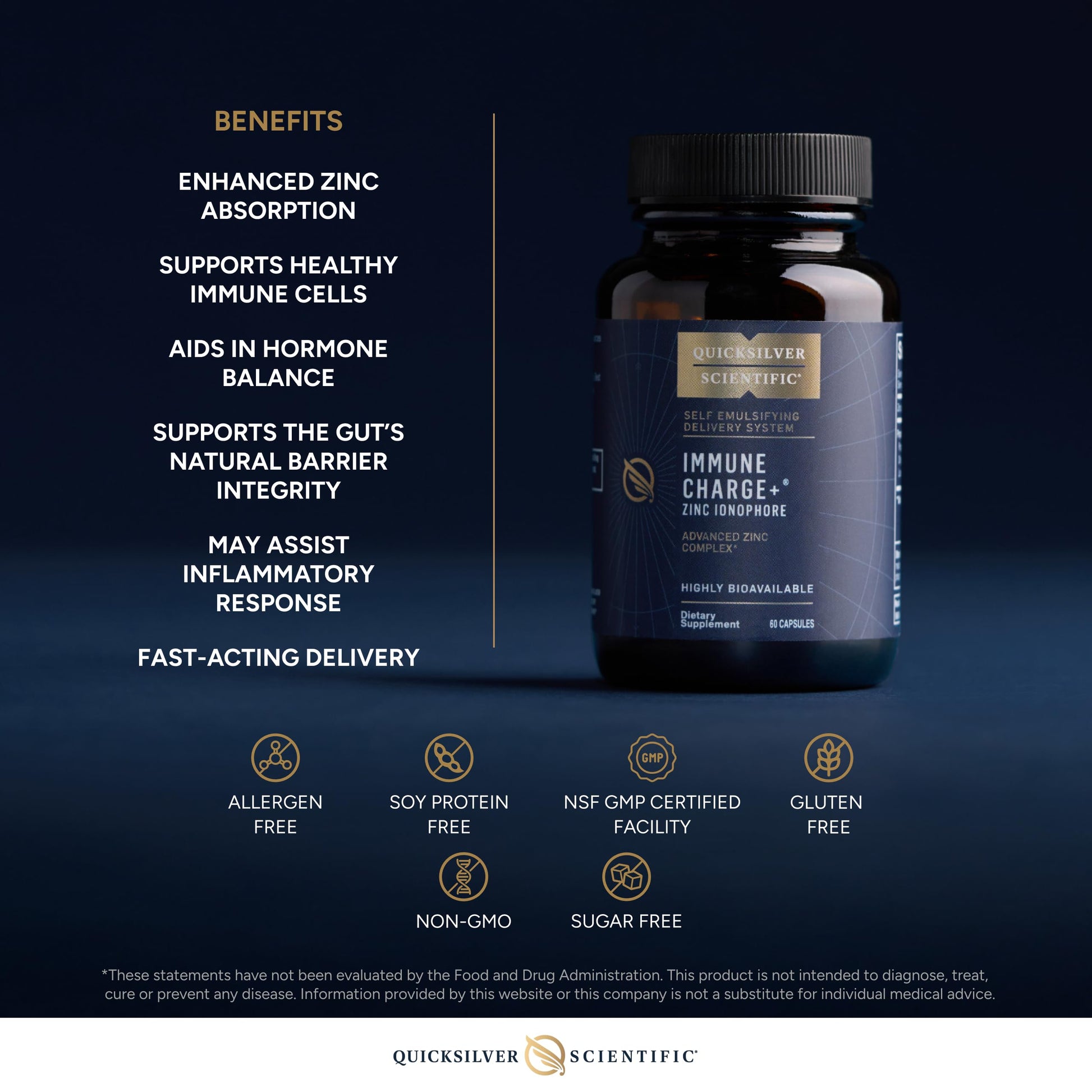 Quicksilver Scientific Immune Charge+ Zinc Ionophore - Zinc Supplement Complexed with Quercetin, Luteolin, Hesperetin Immune + GI Support (60 Capsules) Quicksilver ScientificUS supplements