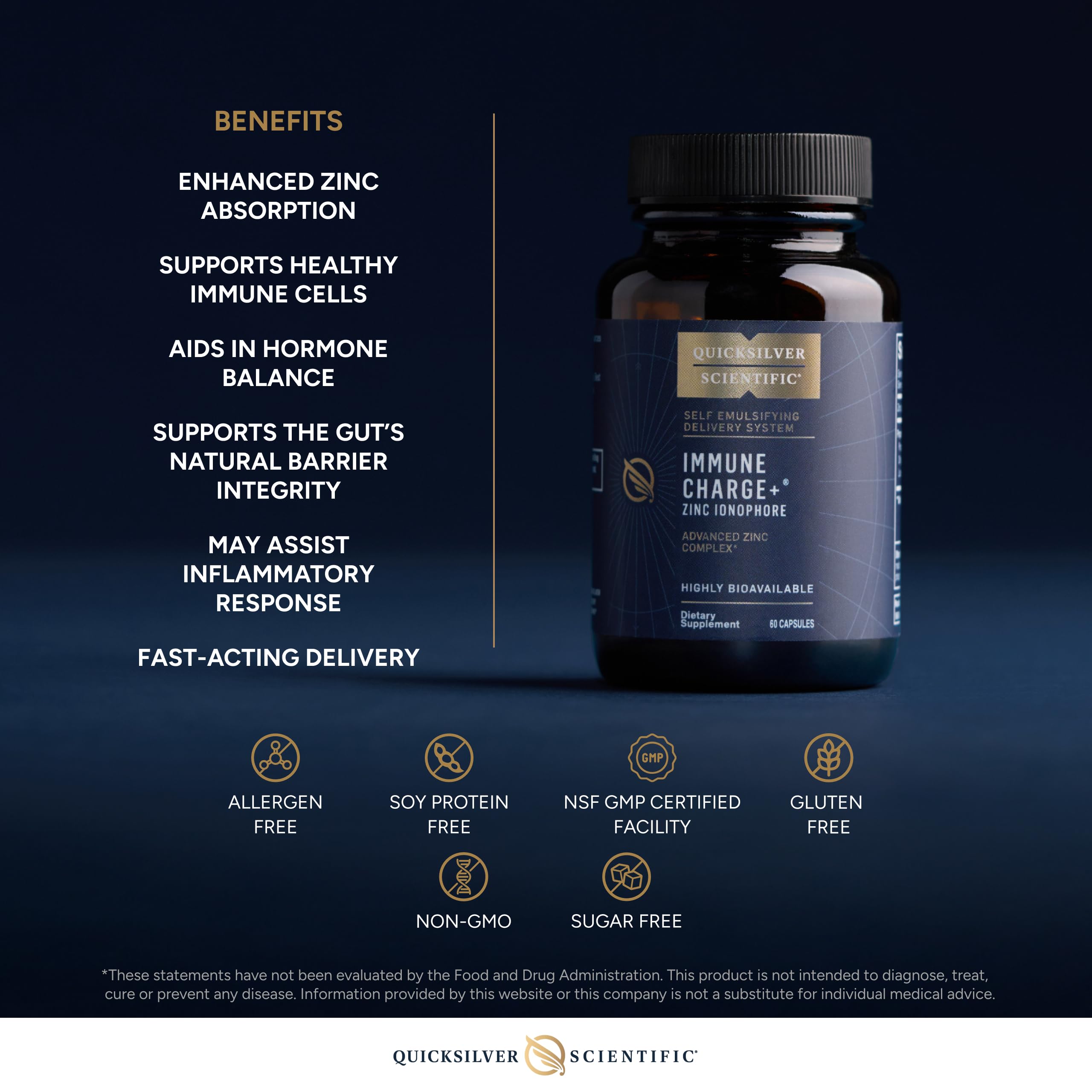 Quicksilver Scientific Immune Charge+ Zinc Ionophore - Zinc Supplement Complexed with Quercetin, Luteolin, Hesperetin Immune + GI Support (60 Capsules) Quicksilver ScientificUS supplements