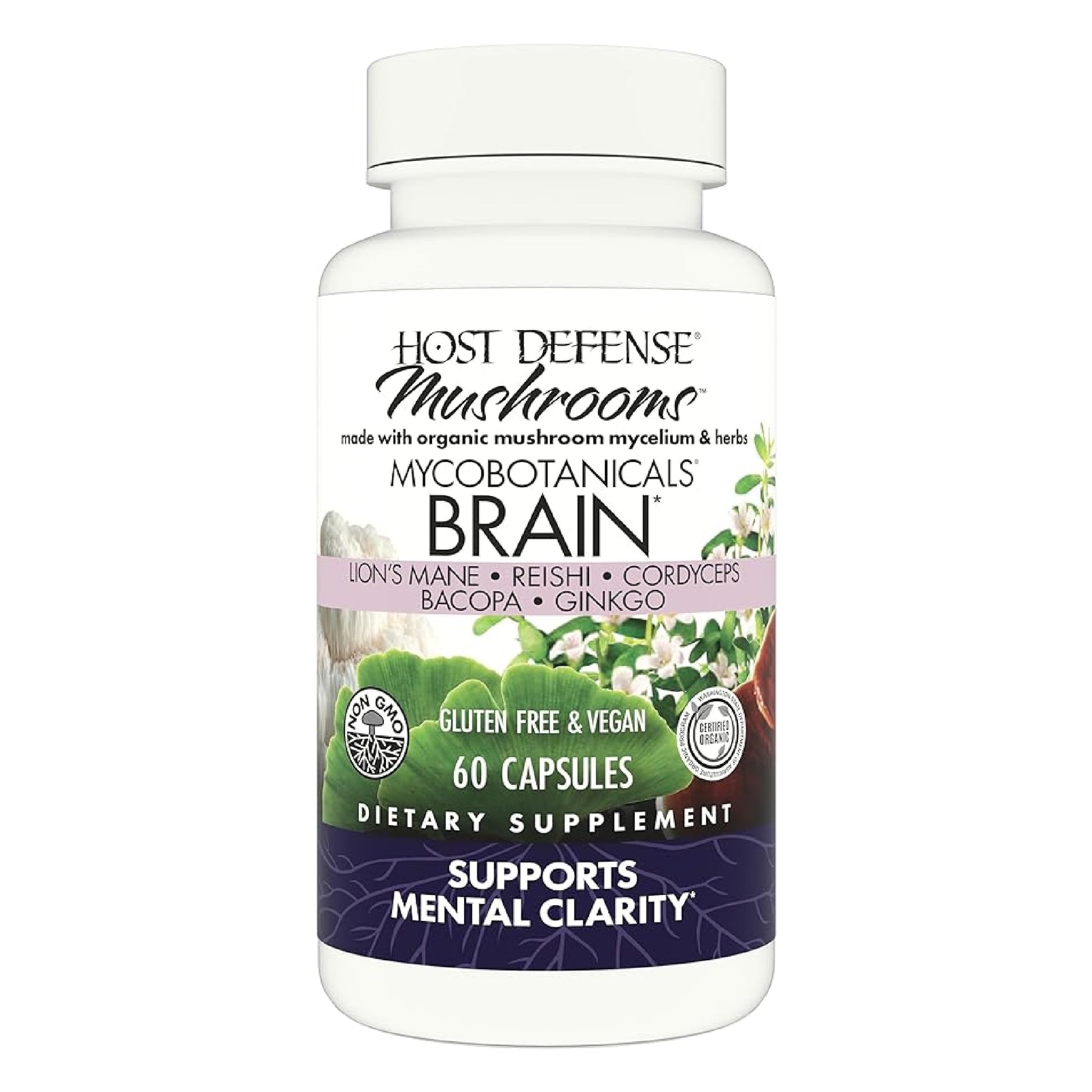 Host Defense MycoBotanicals Brain* Capsules - Brain Support Supplement with Lion's Mane, Reishi & Cordyceps Mushroom - Herbal Supplement for Memory & Focus Support - 60 Capsules Host DefenseAu supplements