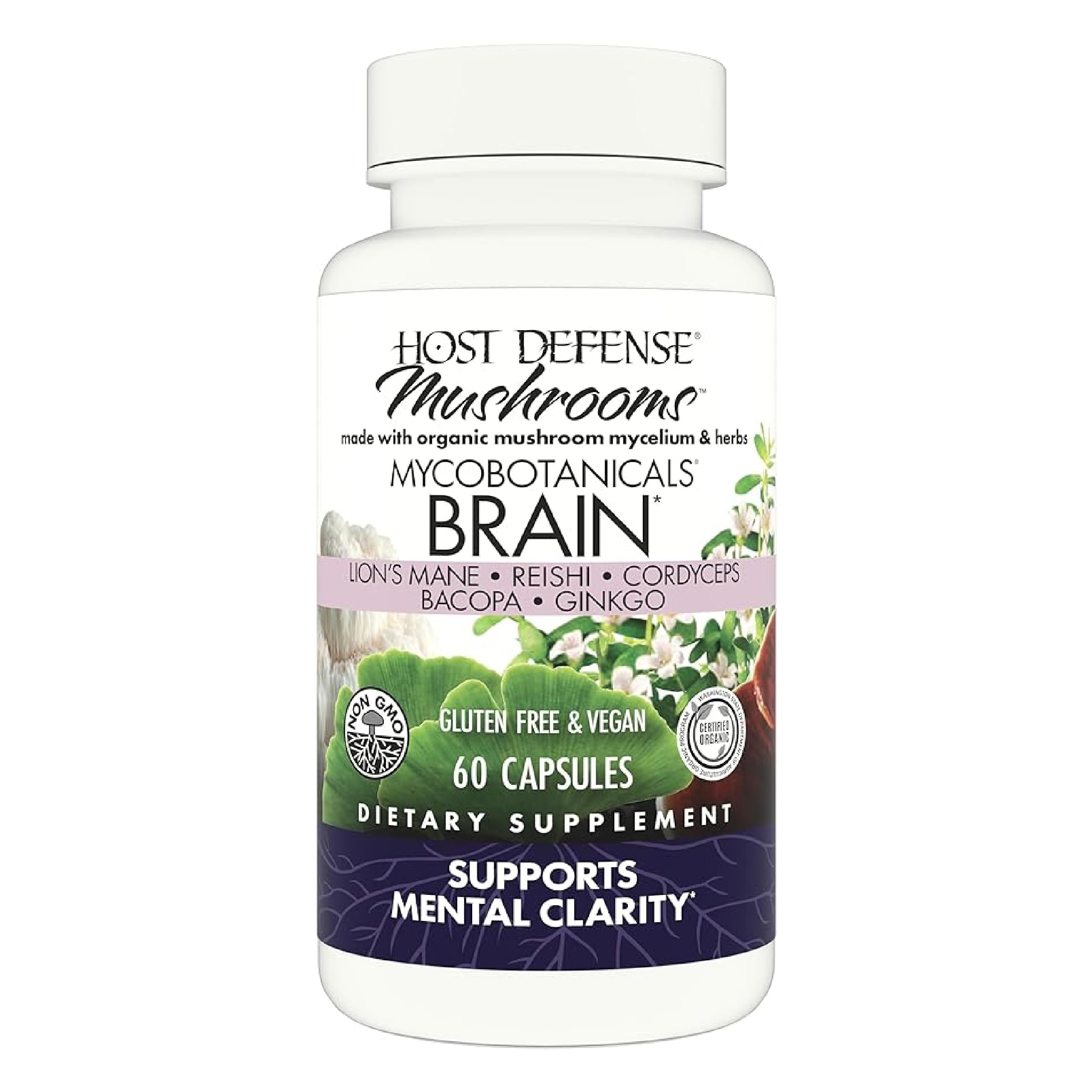 Host Defense MycoBotanicals Brain* Capsules - Brain Support Supplement with Lion's Mane, Reishi & Cordyceps Mushroom - Herbal Supplement for Memory & Focus Support - 60 Capsules Host DefenseAu supplements