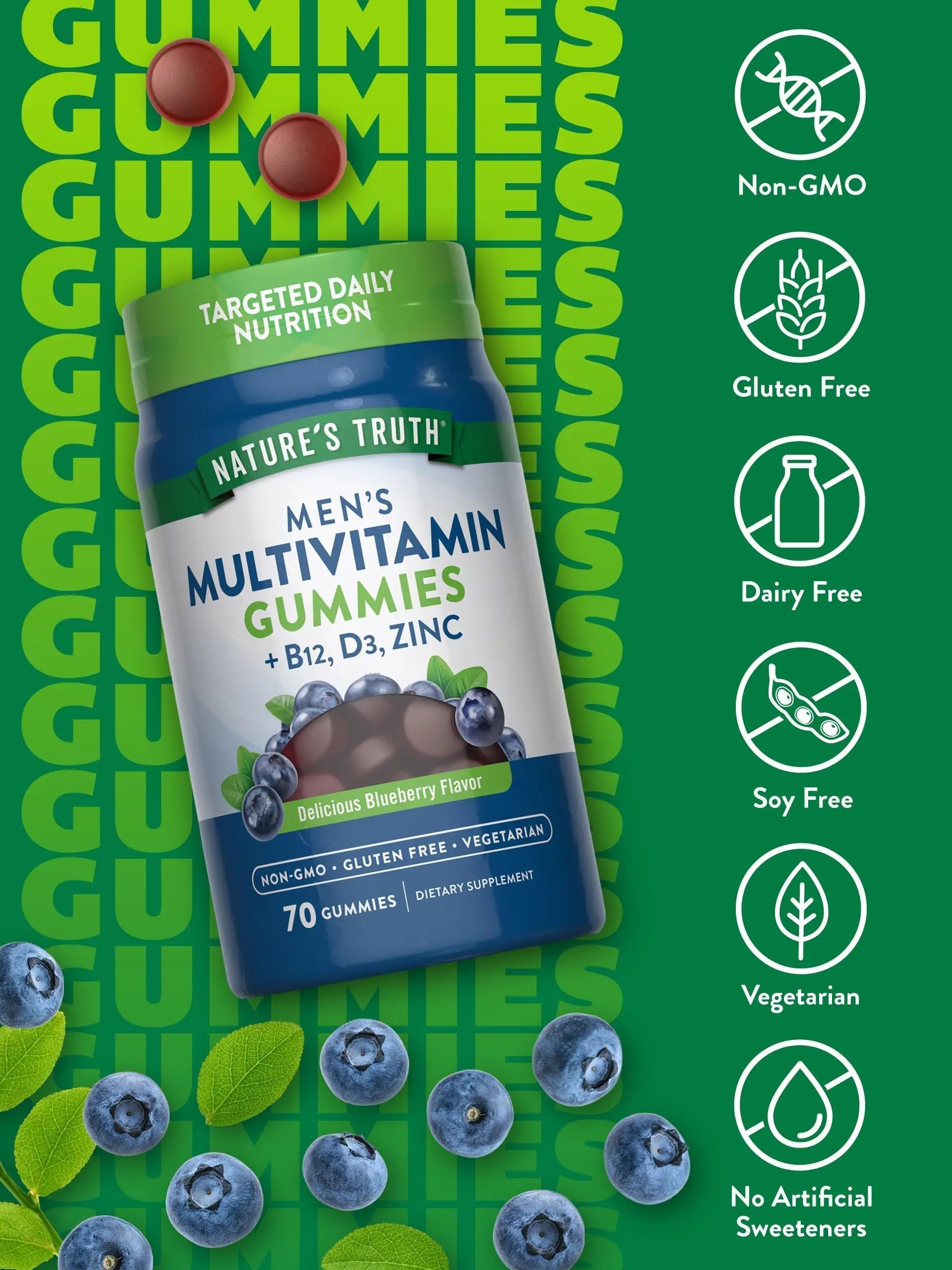 Nature's Truth Multivitamin for Men Gummies | 70 Count | Blueberry Flavor | with B12, D3 & Zinc | Nature's TruthAu supplements