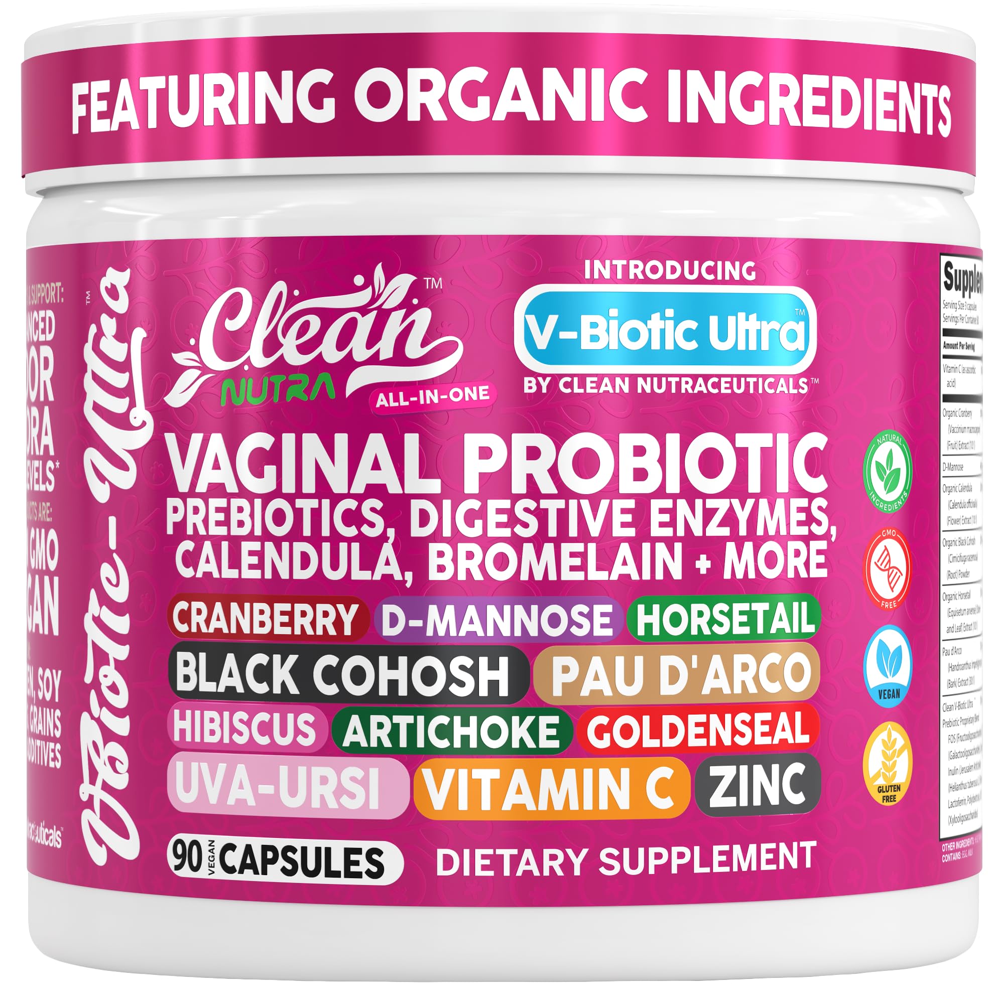Clean Nutra Vaginal Probiotics for Women + Prebiotics Digestive Enzymes Bromelain Cranberry D Mannose Horsetail Black Cohosh Artichoke Hibiscus Flowers Probiotic for Digestive Health 90 Vegan Capsules Clean NutraceuticalsAu supplements