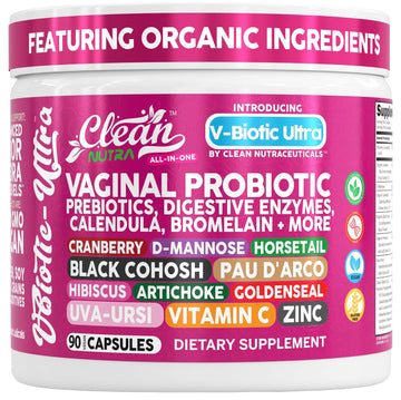 Clean Nutra Vaginal Probiotics for Women + Prebiotics Digestive Enzymes Bromelain Cranberry D Mannose Horsetail Black Cohosh Artichoke Hibiscus Flowers Probiotic for Digestive Health 90 Vegan Capsules Clean NutraceuticalsAu supplements
