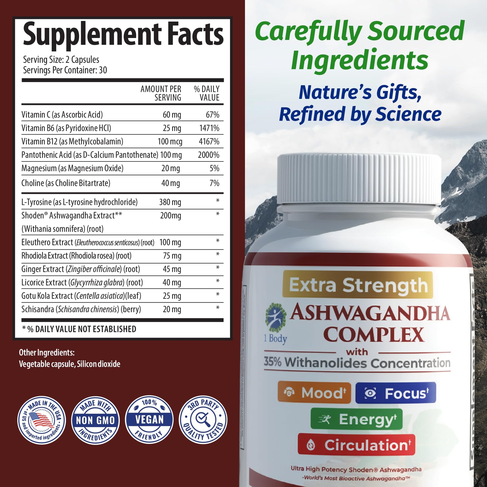 Ashwagandha Complex Adrenal Support Supplement for Stress Relief, Cortisol Balance, Energy & Focus, Mood Support, 35% Withanolides, 60 Vegan Capsules 1 BodyAu supplements