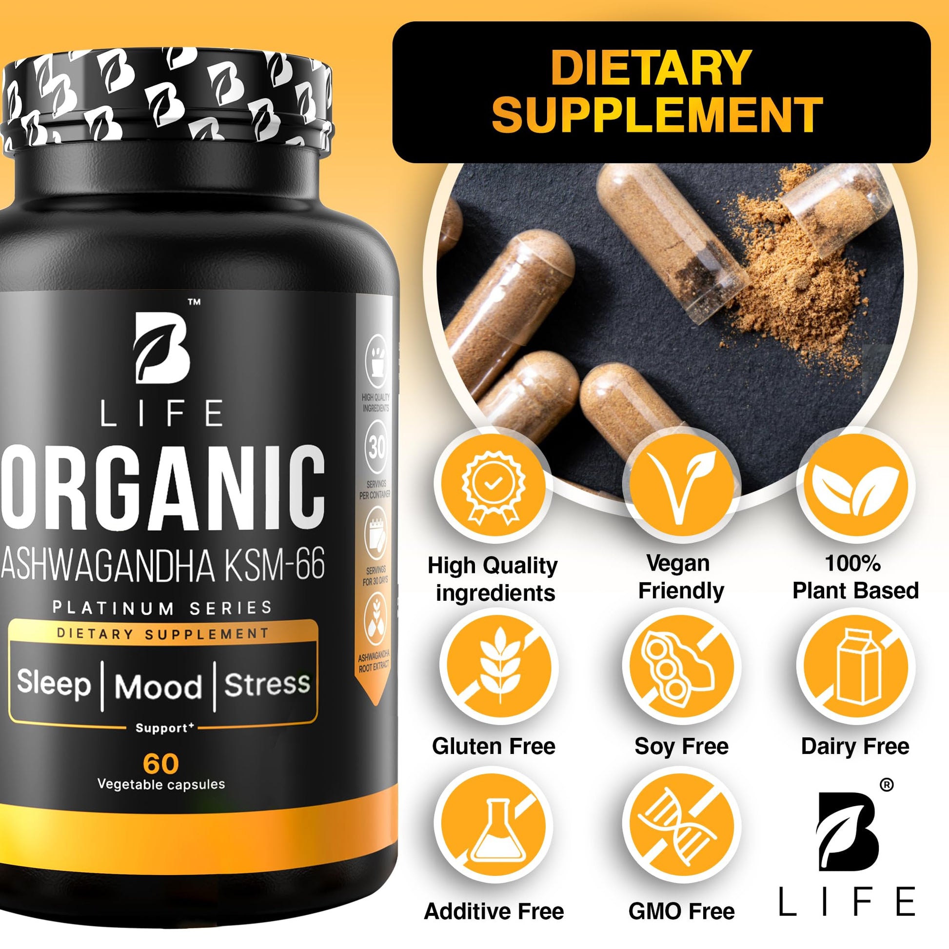 Organic Ashwagandha KSM-66 1000 mg Supplement | Adaptogen for Cortisol Support & Stress Relief | Mood, Calm & Sleep Aid for Men & Women | Ashwagandha ritual vitamins for women | 60 Vegan Caps B Life CompanyAu supplements