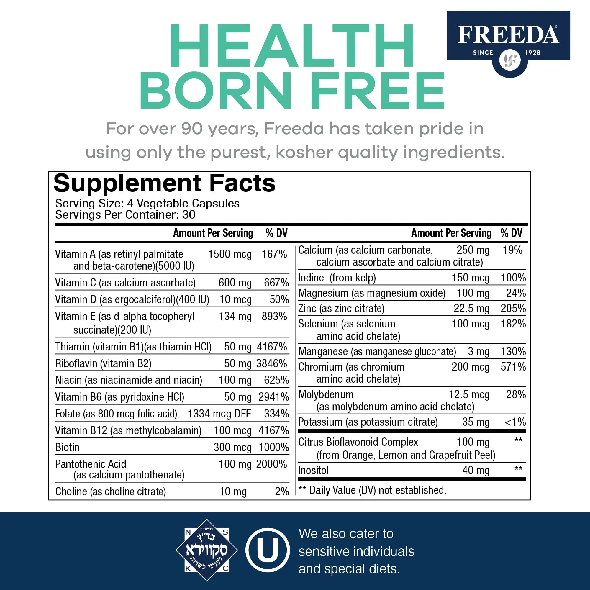 FREEDA Ultra Multivitamin Capsules – High-Potency Daily Supplement for Men & Women – Iron-Free – 120 Count – Kosher Certified FREEDAAu supplements