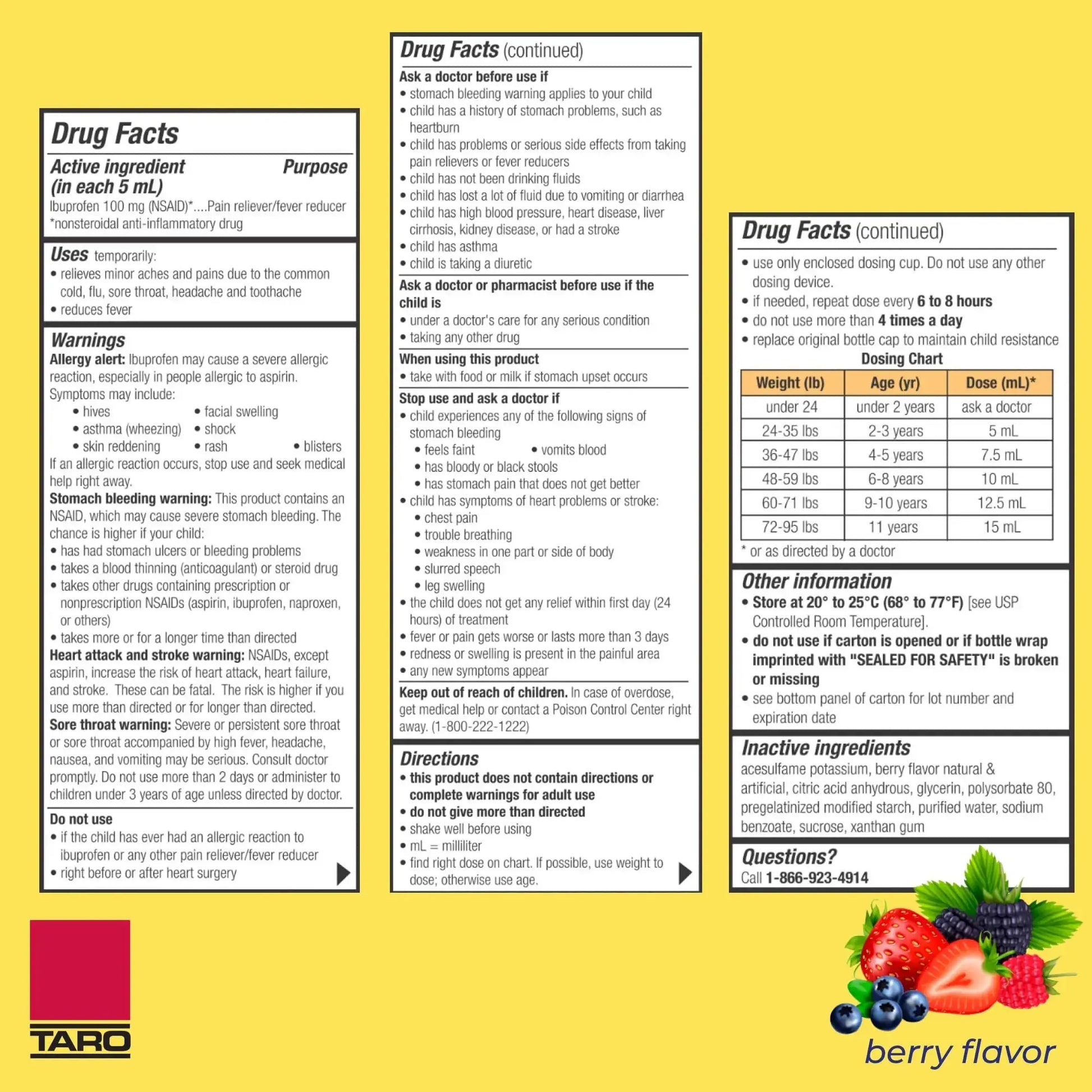 Children's Ibuprofen Oral Suspension 100 mg per 5 mL, 4 Fl Oz, Pain Reliever and Fever Reducer for Ages 2-11 Years, Dye-Free, Berry Flavor TAROAu supplements