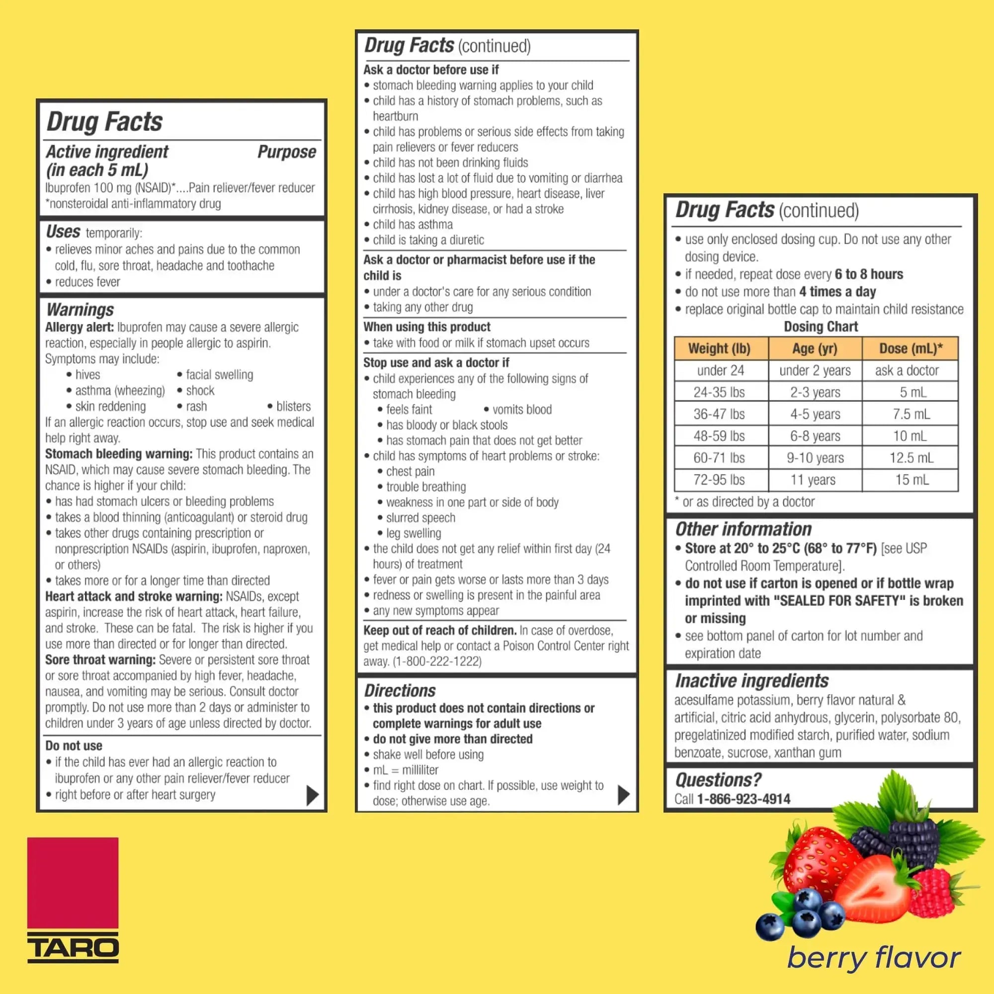 Children's Ibuprofen Oral Suspension 100 mg per 5 mL, 4 Fl Oz, Pain Reliever and Fever Reducer for Ages 2-11 Years, Dye-Free, Berry Flavor TAROAu supplements