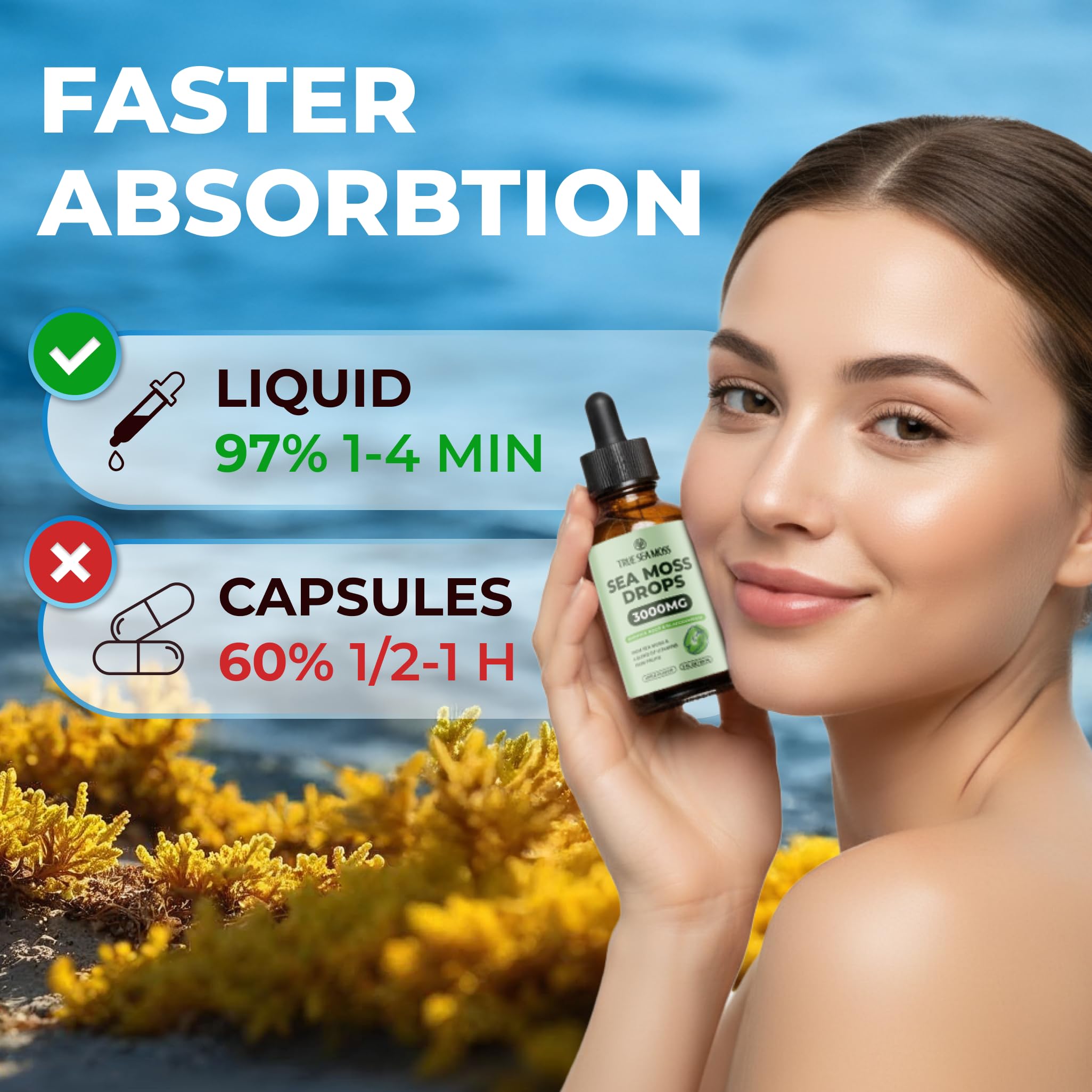 Irish Sea Moss Liquid Drops - 3000mg Formula - with Bladderwrack, Burdock Root & Black Cumin Seed - Liquid Supplement - Apple Flavor - 2 Fl Oz (60ml) TrueSeaMossAu supplements
