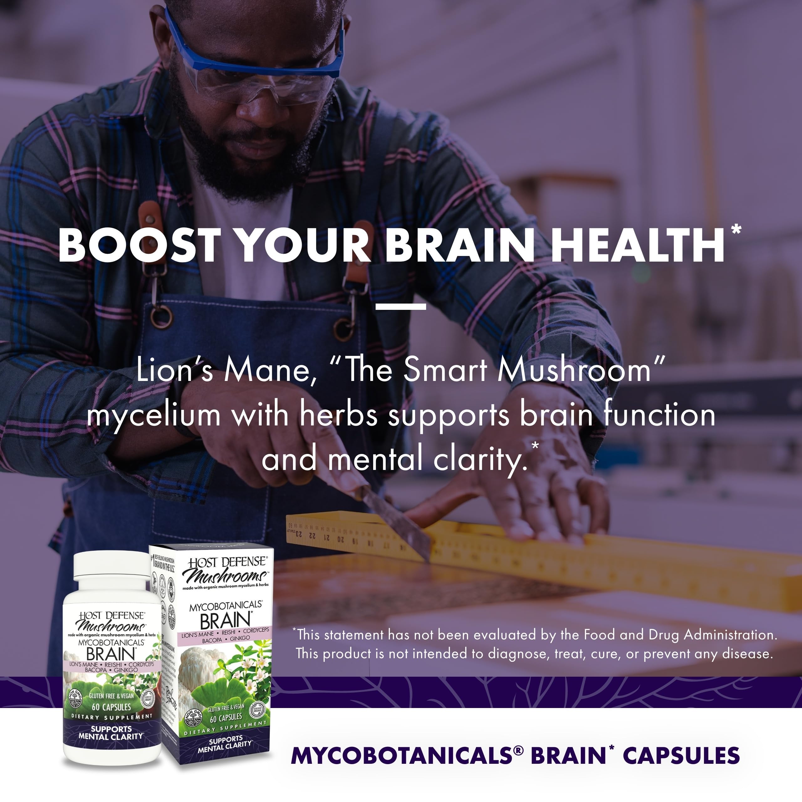 Host Defense MycoBotanicals Brain* Capsules - Brain Support Supplement with Lion's Mane, Reishi & Cordyceps Mushroom - Herbal Supplement for Memory & Focus Support - 60 Capsules Host DefenseAu supplements