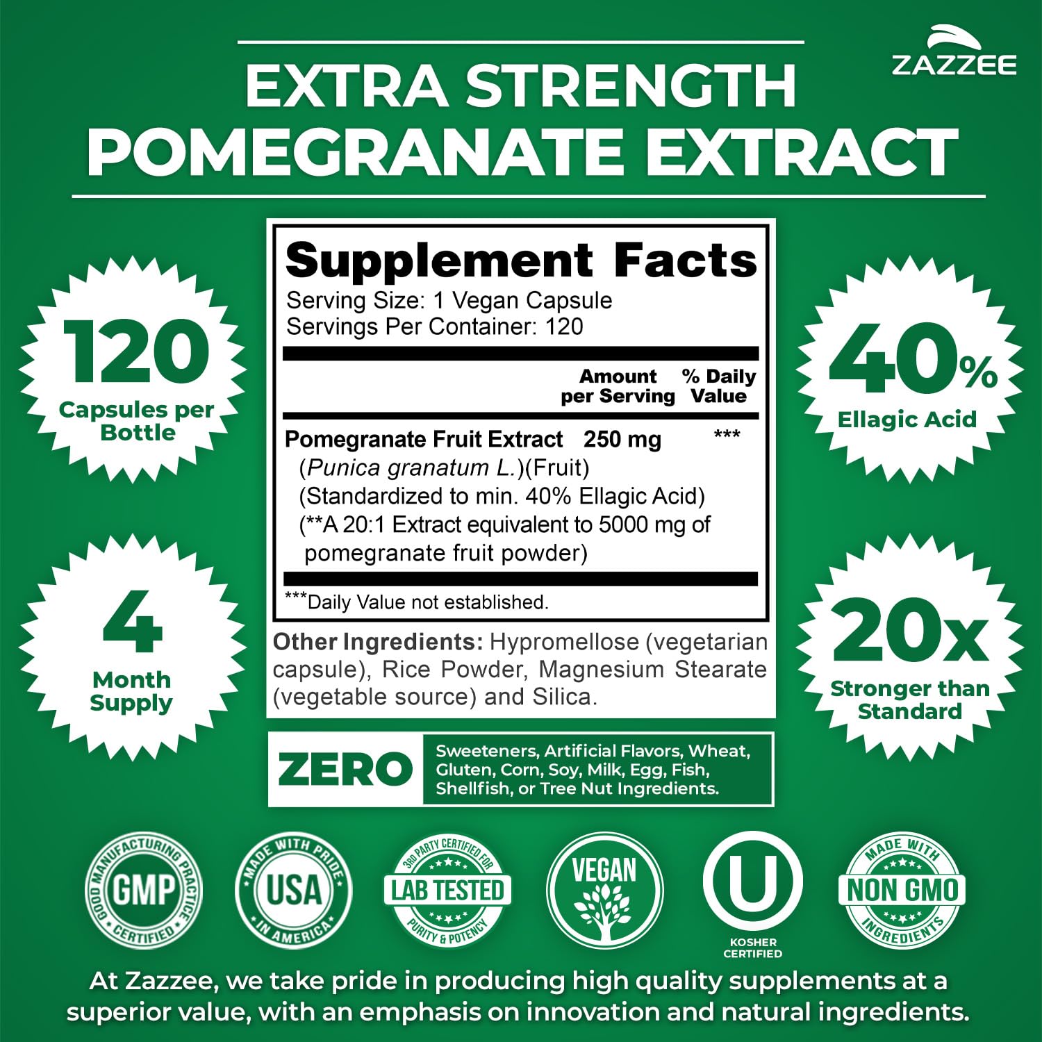 Zazzee Extra Strength Pomegranate 20:1 Extract, 40% Ellagic Acid, 120 Vegan Capsules, 4 Month Supply, Punica Granatum, Antioxidant & Cellular Health Support, Non-GMO, Made in the USA ZazzeeAu supplements