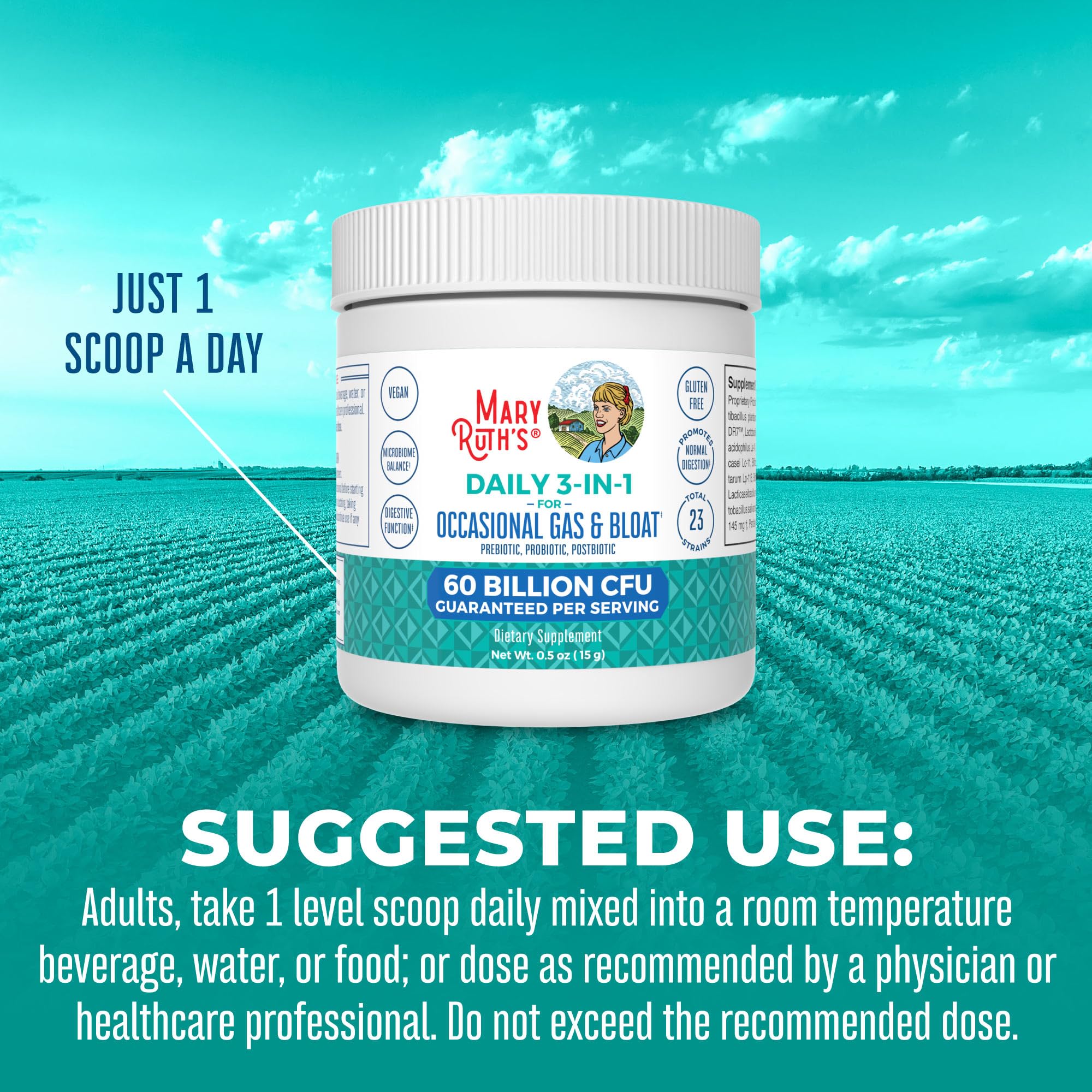 MARYRUTH'S 3-in-1 Gas & Bloat Probiotic Powder | Probiotics for Normal Digestive Function | Probiotics for Women & Men | Prebiotics & Postbiotics | 60 Billion CFU | 23 Unique Strains | 0.5 oz MARYRUTH'SAu supplements