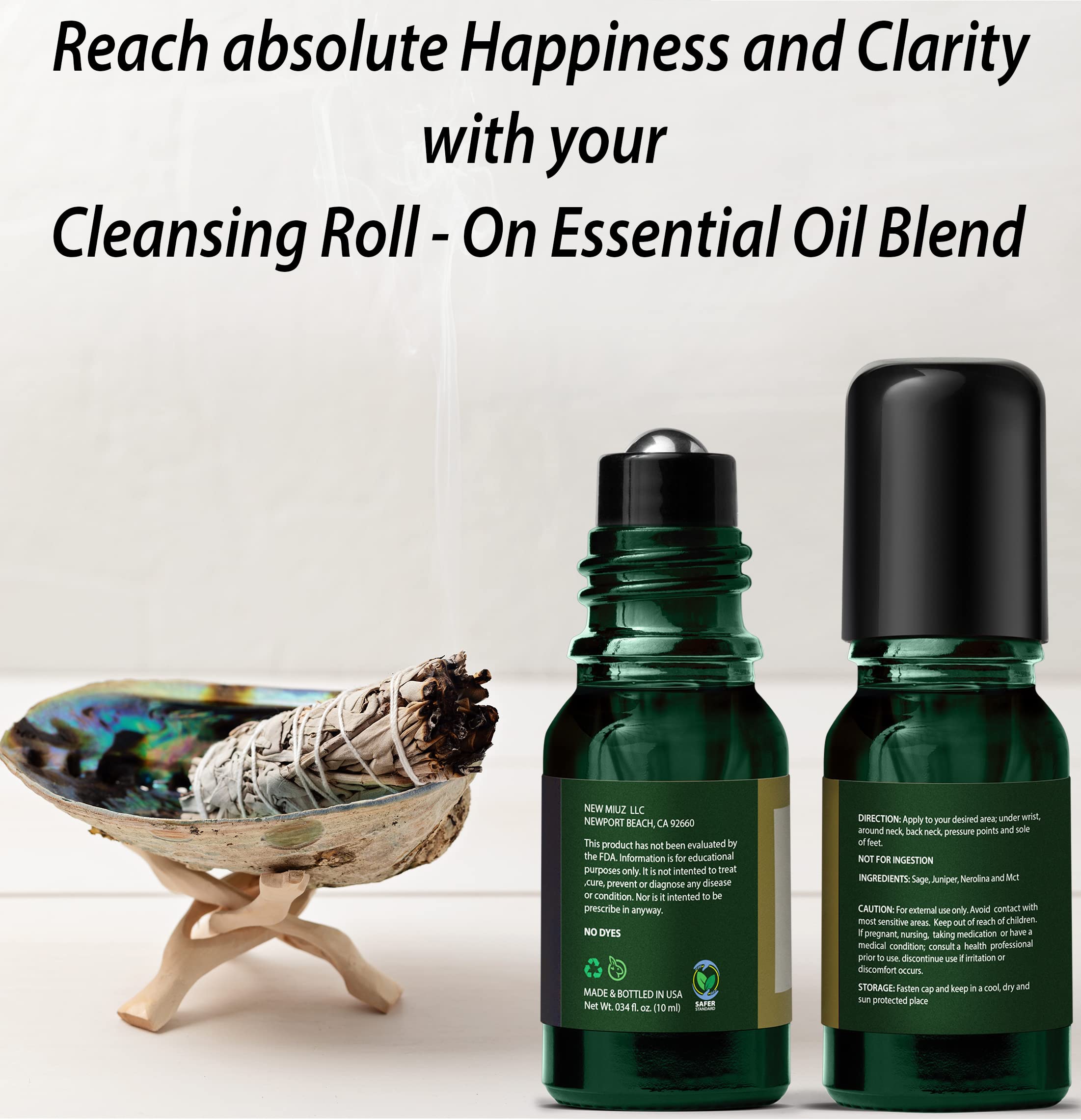 Headache Roll On Stick Peppermint Rosemary and Eucalyptus & Cleansing and Protect Juniper Berry White Sage with Nerolina Pack of 2 New MiuzAu supplements