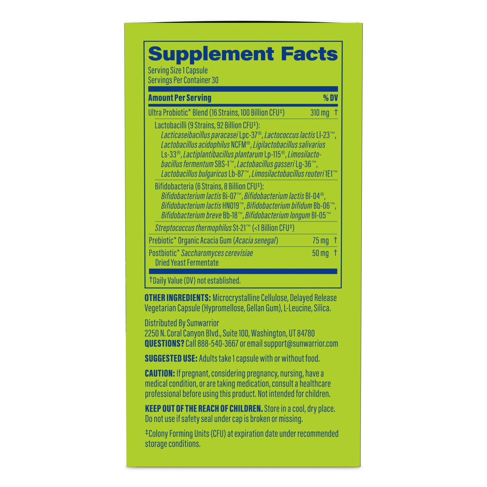 Probiotic for Gut Health 100 Billion CFU Probiotics Supplement Capsules 16 Strains Prebiotics + Postbiotics for Gut Immune & Colon Health Energy & Endurance Support Soy-Free Non-GMO 30 Capsule Serving SunwarriorAu supplements