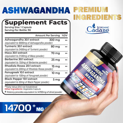 Ashwagandha Supplements 14700mg - Memory, Immune System & Strength Support Organic CadaneUS supplements