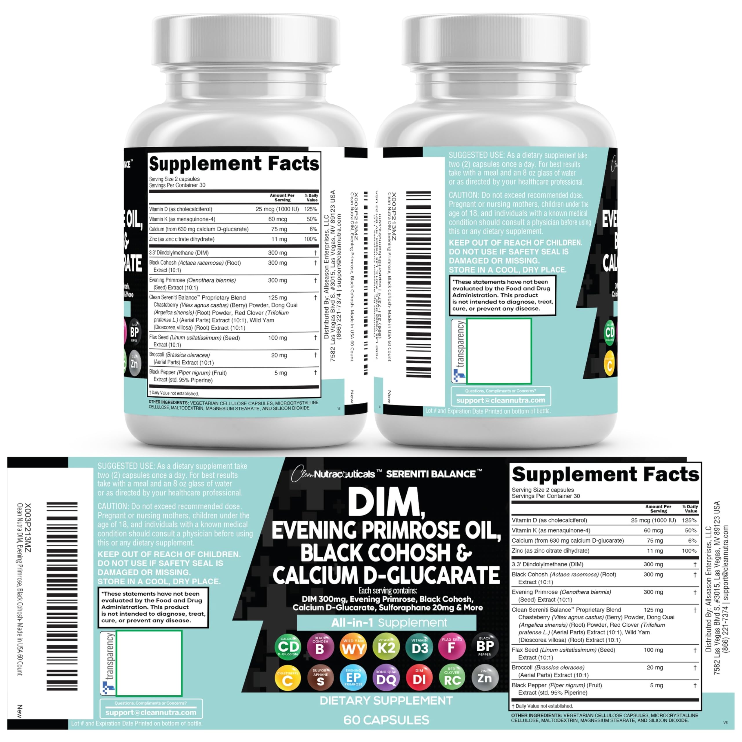 Clean Nutraceuticals DIM Evening Primrose Black Cohosh Calcium D-Glucarate Sulforaphane Flax Seed Extract - Hormonal Support Vitamins for Women with Dong Quai - 60 Caps Clean NutraceuticalsAu supplements
