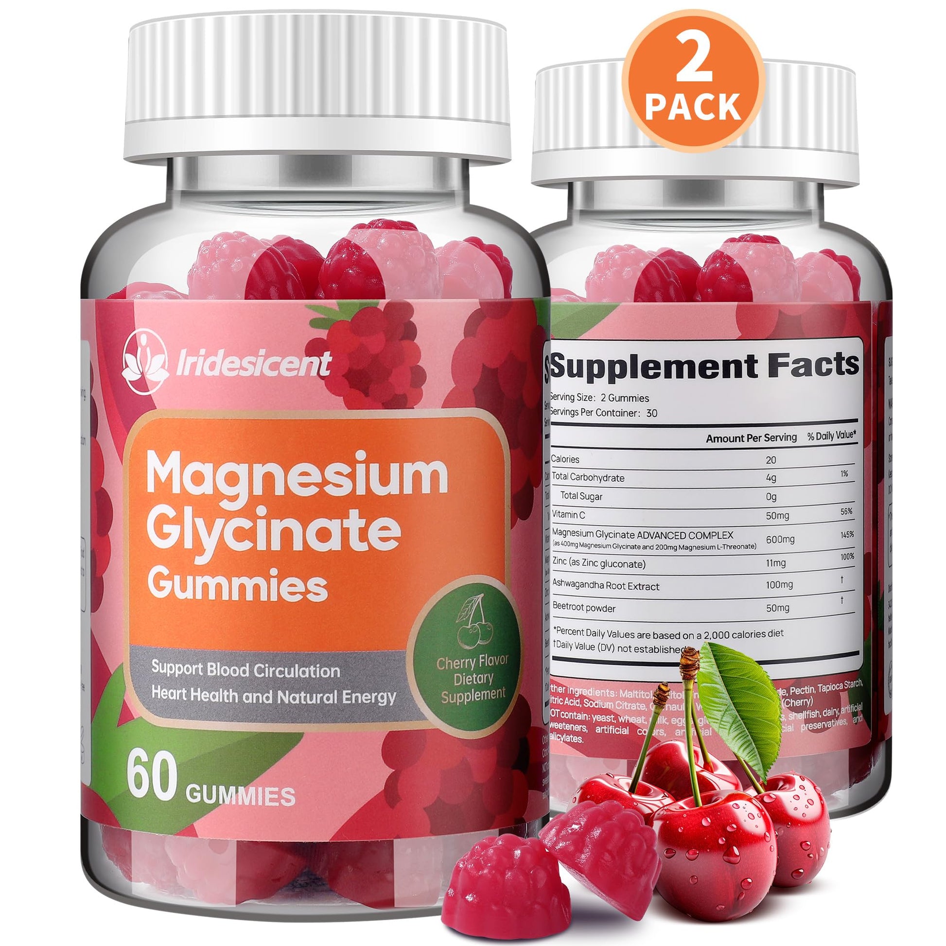 IRIDESICENT Magnesium Glycinate Gummies 400mg, Sugar Free Magnesium Supplement w/Ashwagandha, Zinc, Vegan Magnesium Glycinate Supplement for Adults - 120 Cherry Gummies IRIDESICENTAu supplements